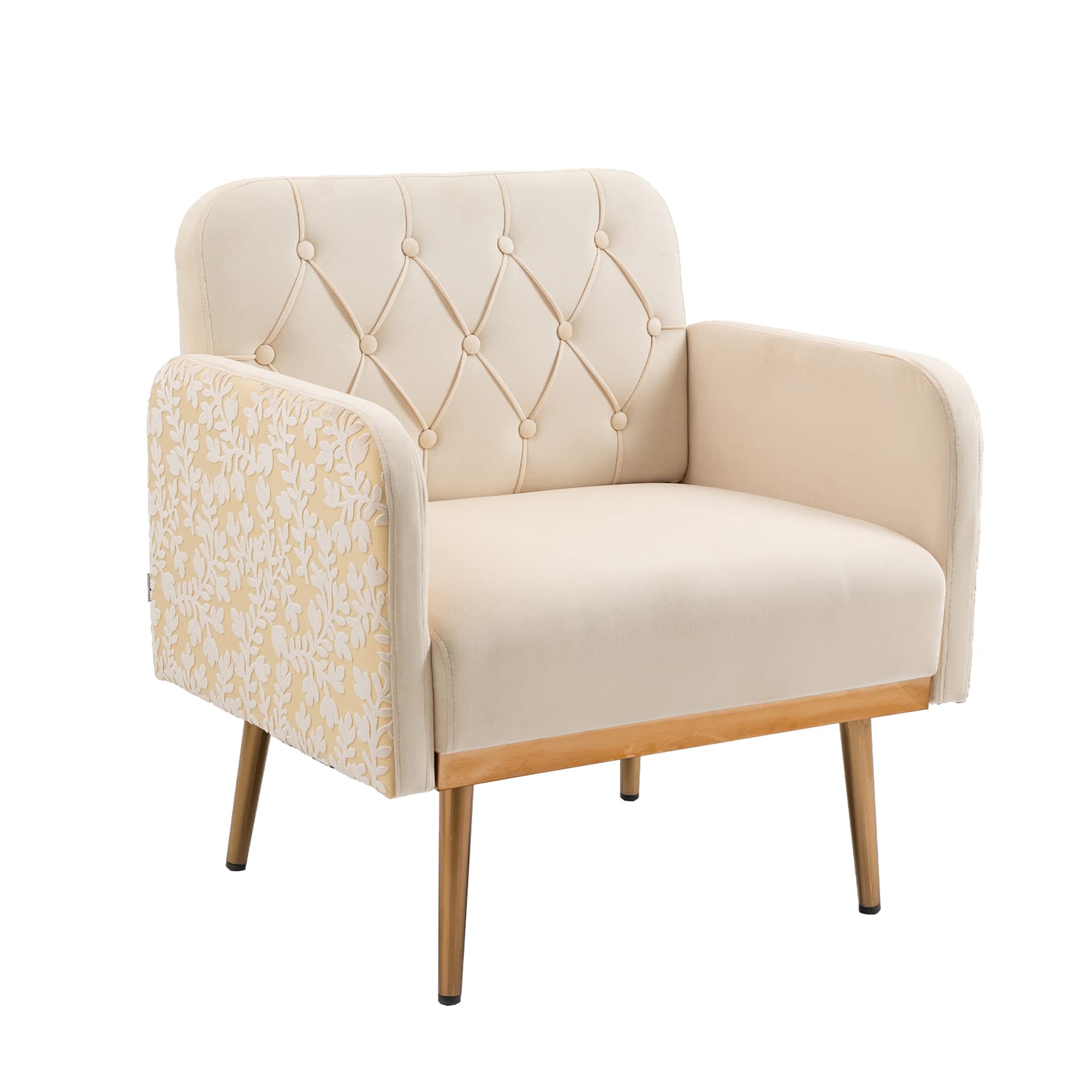 Tmosi Velvet Accent Chair with Arms - Tufted Upholstered Club Chair with Gold Metal Legs for Living Room, Bedroom & Office - Small Space Comfortable Reading Armchair (Beige) | Perfect for Cozy Corners, Home Decor & Relaxation