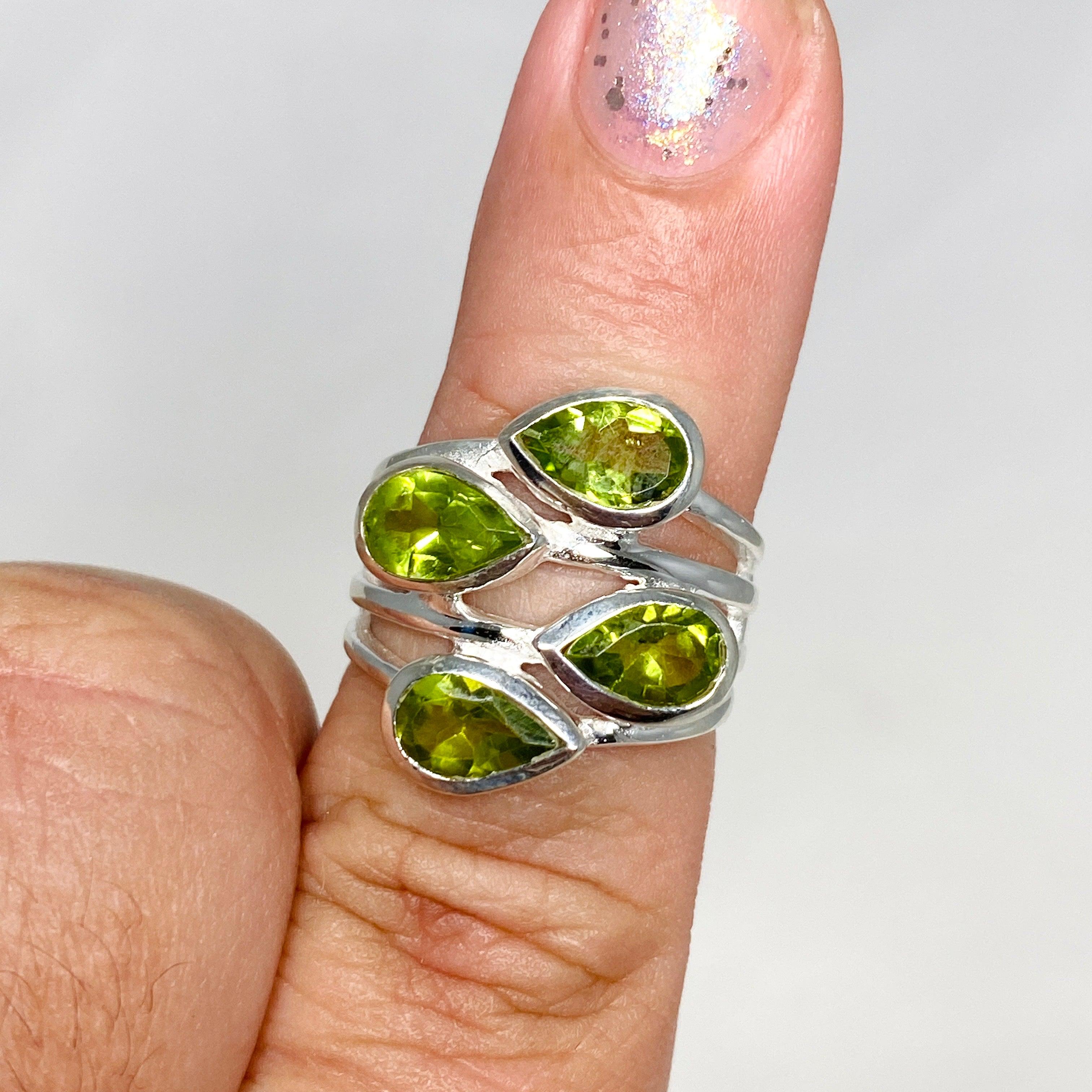 Peridot Multi-Stone Faceted Teardrop Ring R3815 - Elegant Green Gemstone Jewelry for Women, Perfect for Weddings, Parties & Special Occasions