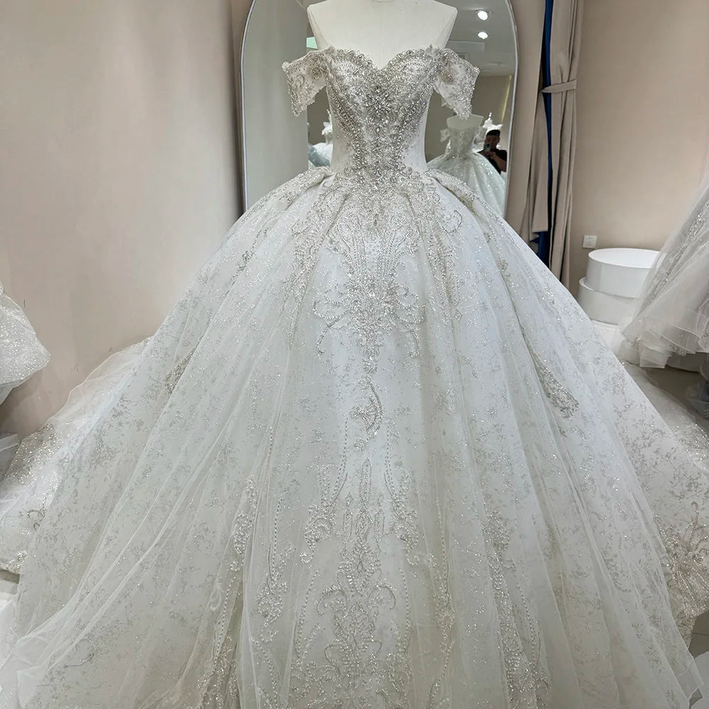 Elegant White Off Shoulder Sleeveless Wedding Gown with Long Train - Perfect for Bridal Ceremony, Formal Events & Romantic Photos