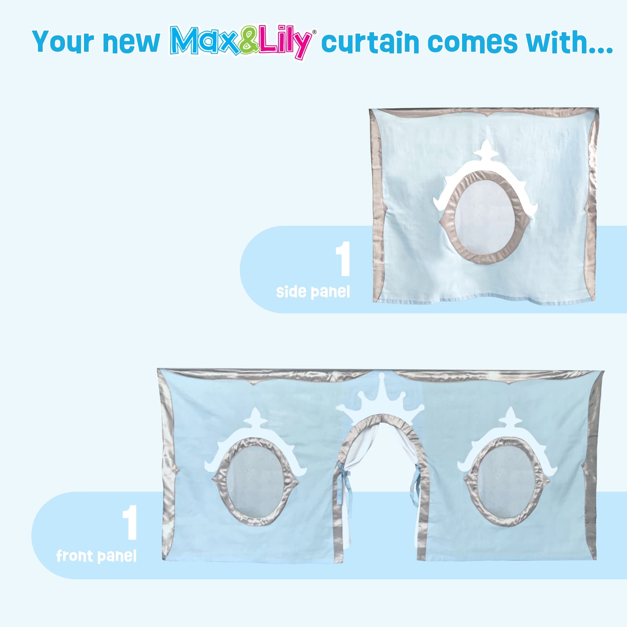 Max & Lily Underbed Curtain for Low Bunk/Loft Bed - 2 Panel Cotton Privacy Set for Kids (Blue/Silver) | Princess Play Tent for Bottom Bunk | Perfect for Bedrooms, Playrooms & Sleepovers