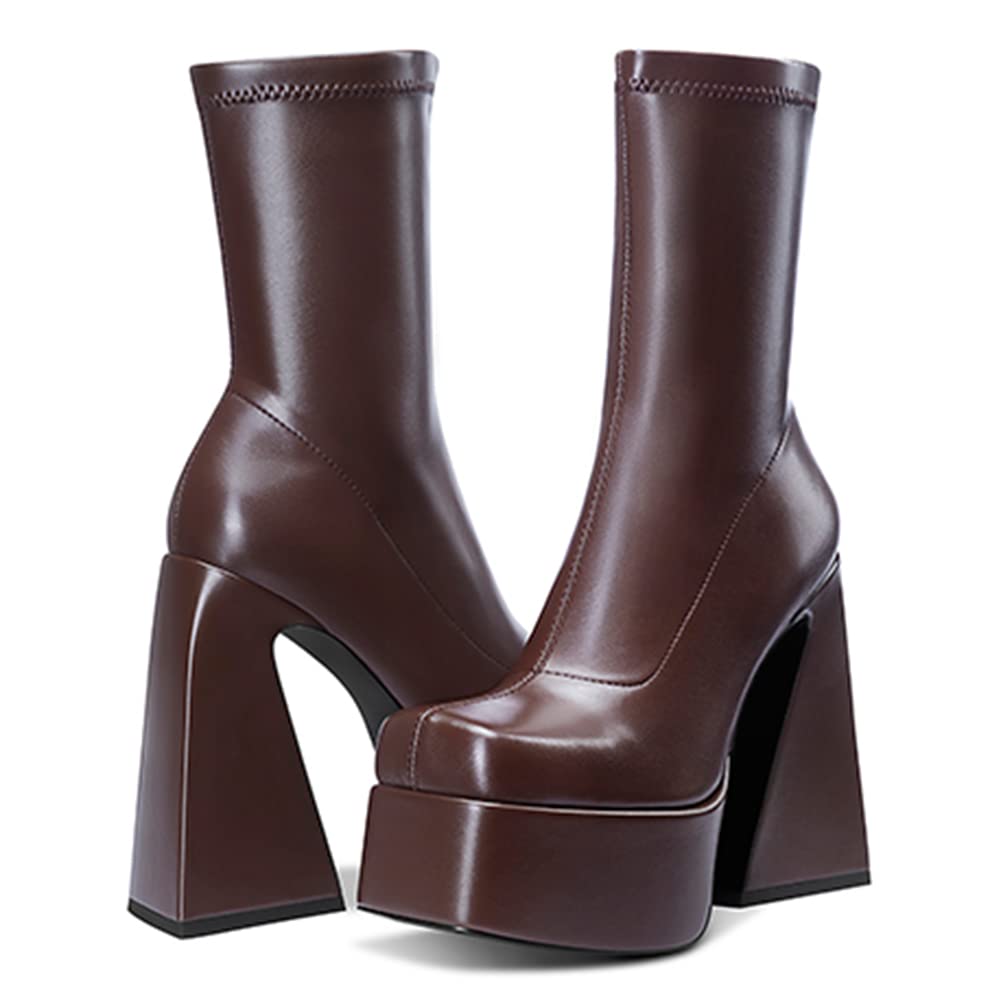 VOMIRA Women's Chunky High Heel Platform Ankle Boots - Square Toe Elastic Stretch Pull-On Mid Calf Boots in Black & White | Perfect for Party, Night Out, and Retro Fashion Outfits