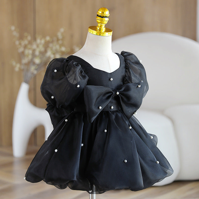 Elegant Baby Girl Puff Sleeve Pearl Communion Dress - White Baptism Christening Gown for Special Occasions & Photoshoots