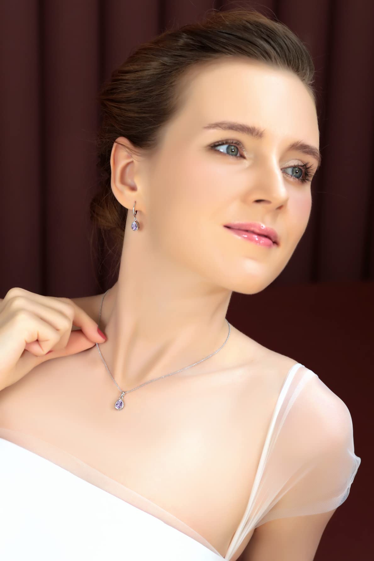 Women's Jewelry Set - Sterling Silver Necklace & Earrings with Birthstone (Genuine/Synthetic Gems) | Teardrop Bezel Pendant & Dangle Earrings | Perfect Gift for Birthday, Anniversary & Special Occasions