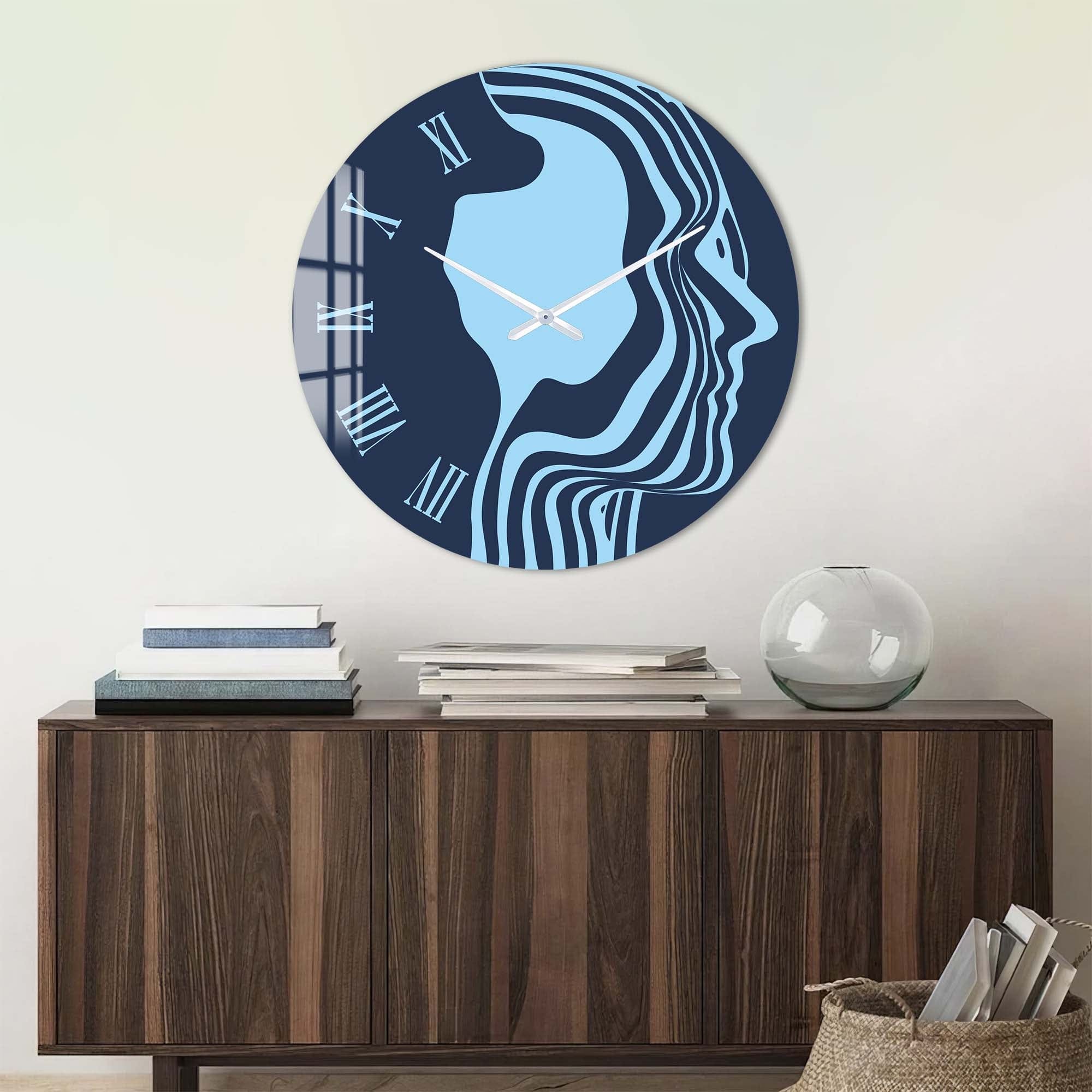 Blue Silhouette Glass Wall Clock - Modern Decorative Clock for Living Room, Bedroom & Office - Silent Non-Ticking Battery Operated