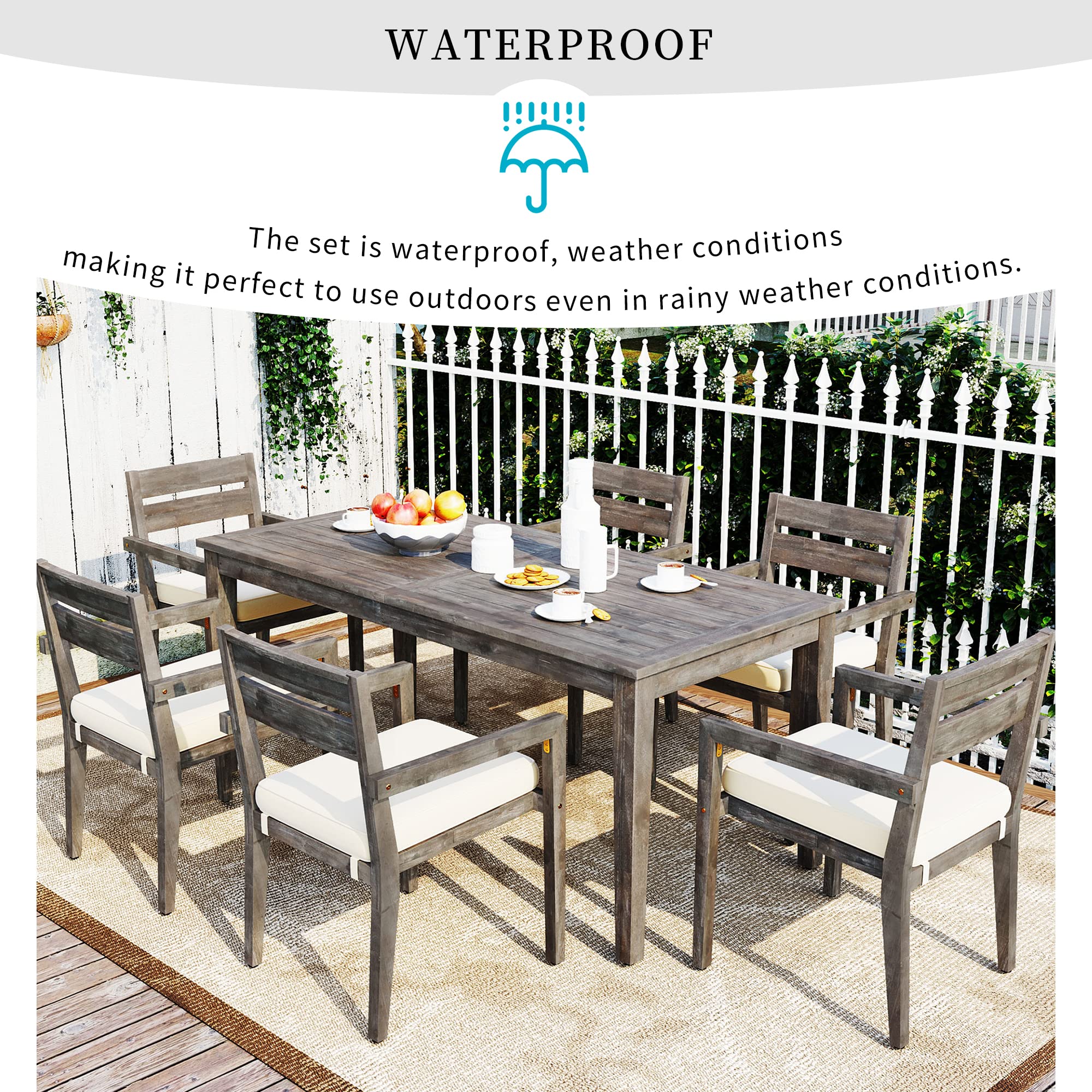 **Merax 7-Piece Acacia Wood Outdoor Dining Table Set - Patio, Balcony, Backyard & Garden Furniture - Weather-Resistant Grey Dining Chairs & Table for Entertaining & Relaxation**