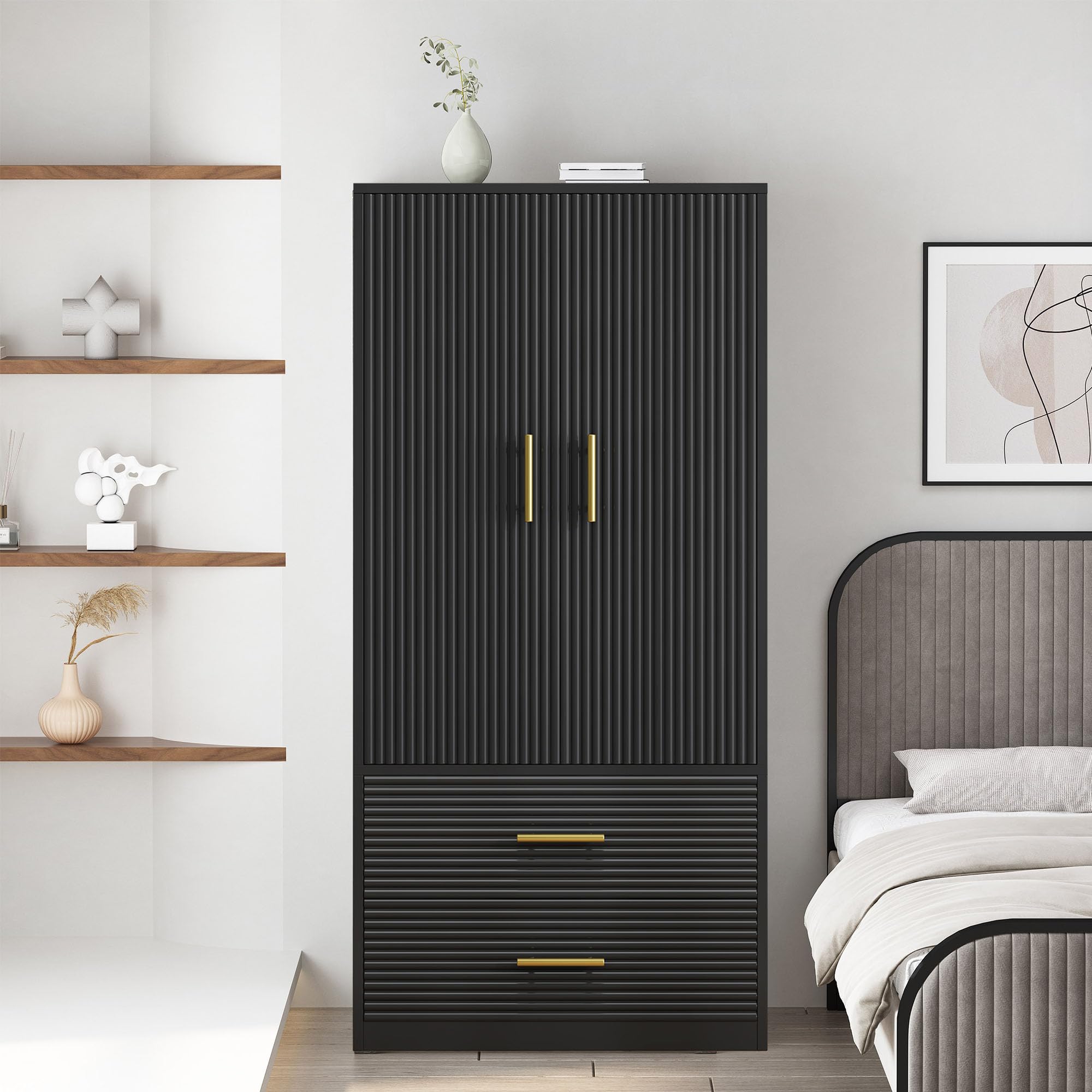 2-Door Freestanding Wardrobe Closet with Hanging Rod & 2 Drawers - Farmhouse Style Storage Cabinet for Bedroom, Black - Perfect for Small Spaces, Guest Rooms & Dorm Organization