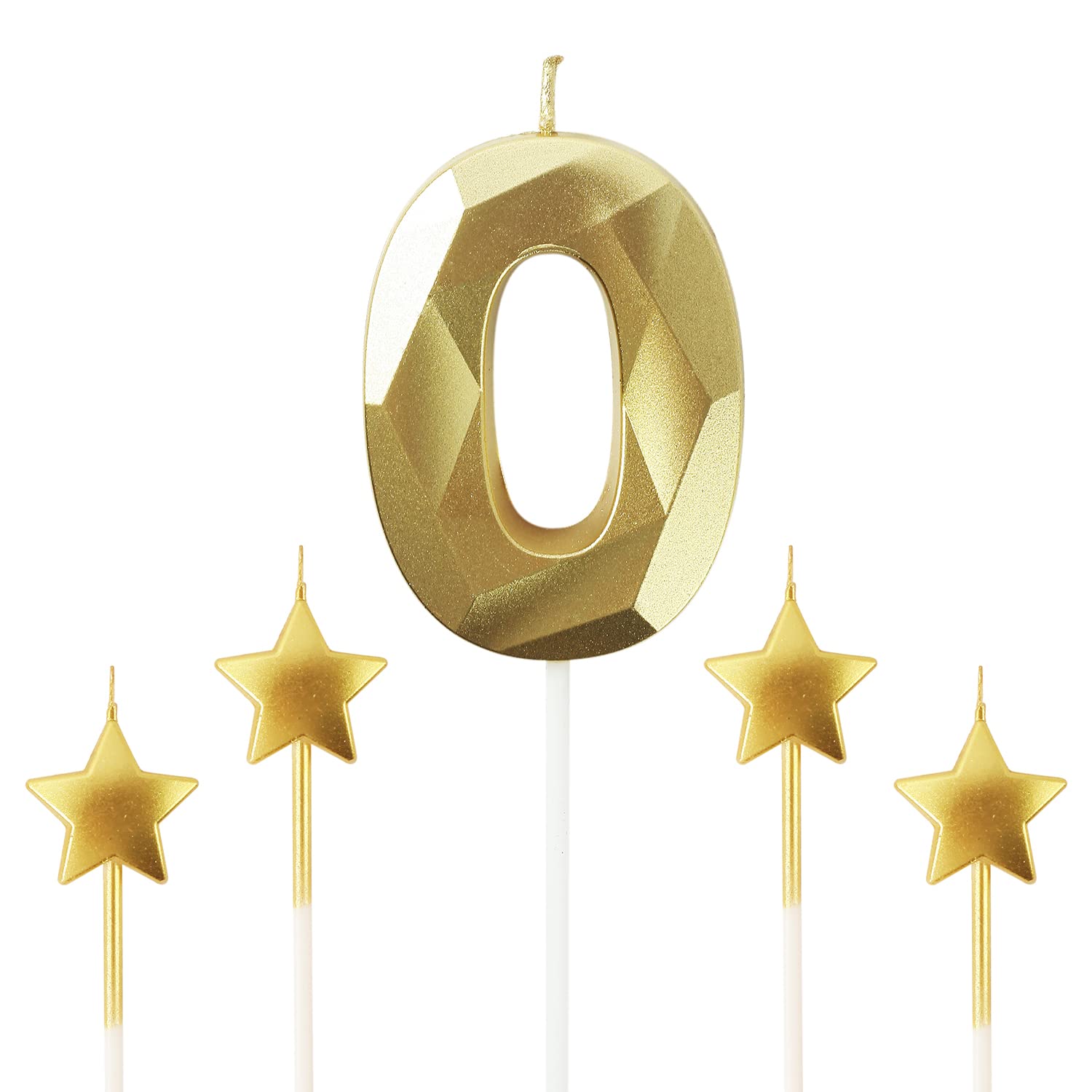 Golden Number 0 Birthday Candles - 2.76 Inch 3D Diamond Shaped Cake Candles with Stars for Birthday Parties, Anniversaries & Special Celebrations - Perfect for Cake Decorations & Festive Occasions (Gold)