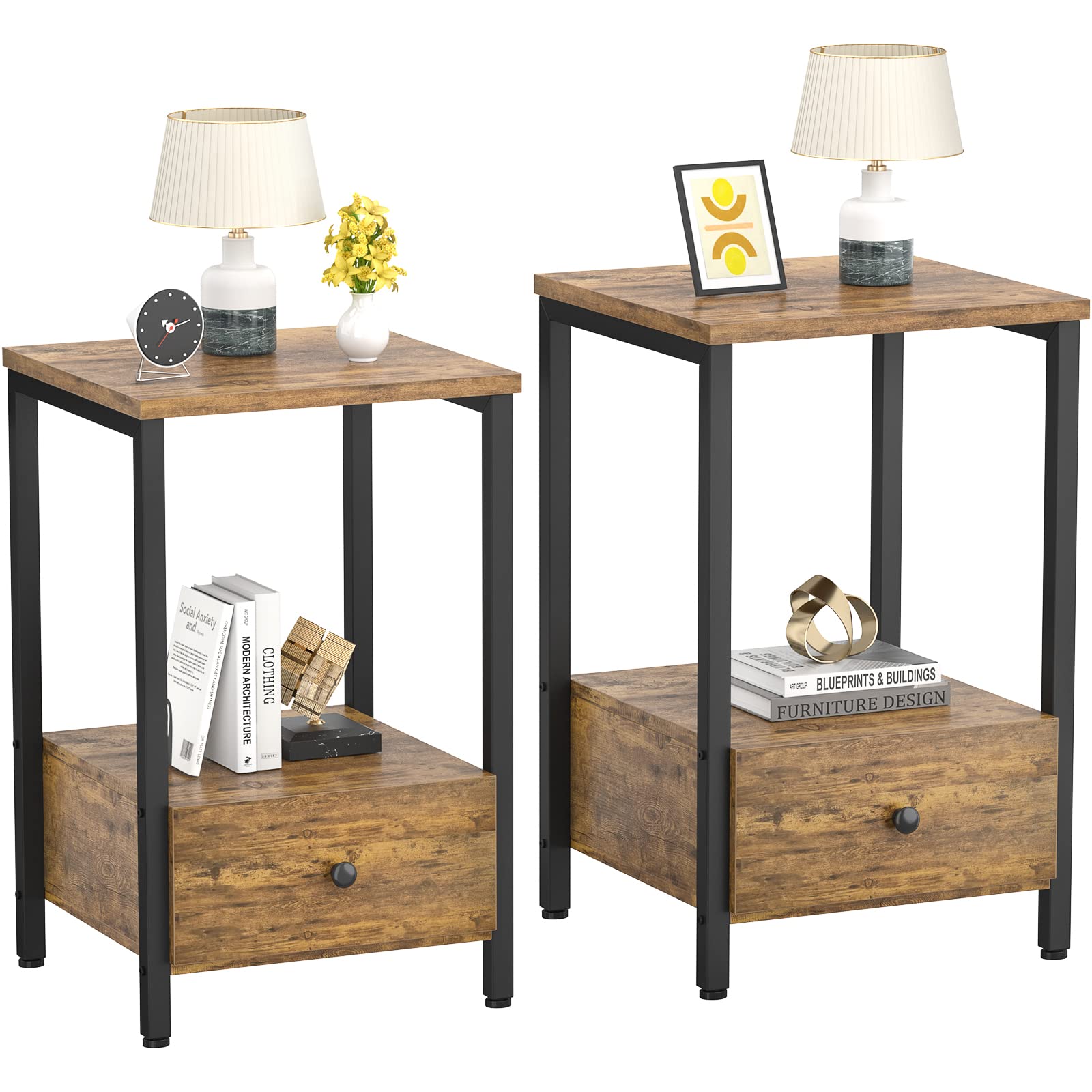 Ecoprsio Nightstands Set of 2 - Modern Bedside Tables with Drawer and Storage Shelf, Rustic End Tables for Bedroom & Living Room - Perfect for Small Spaces, Apartment Furniture, and Home Decor