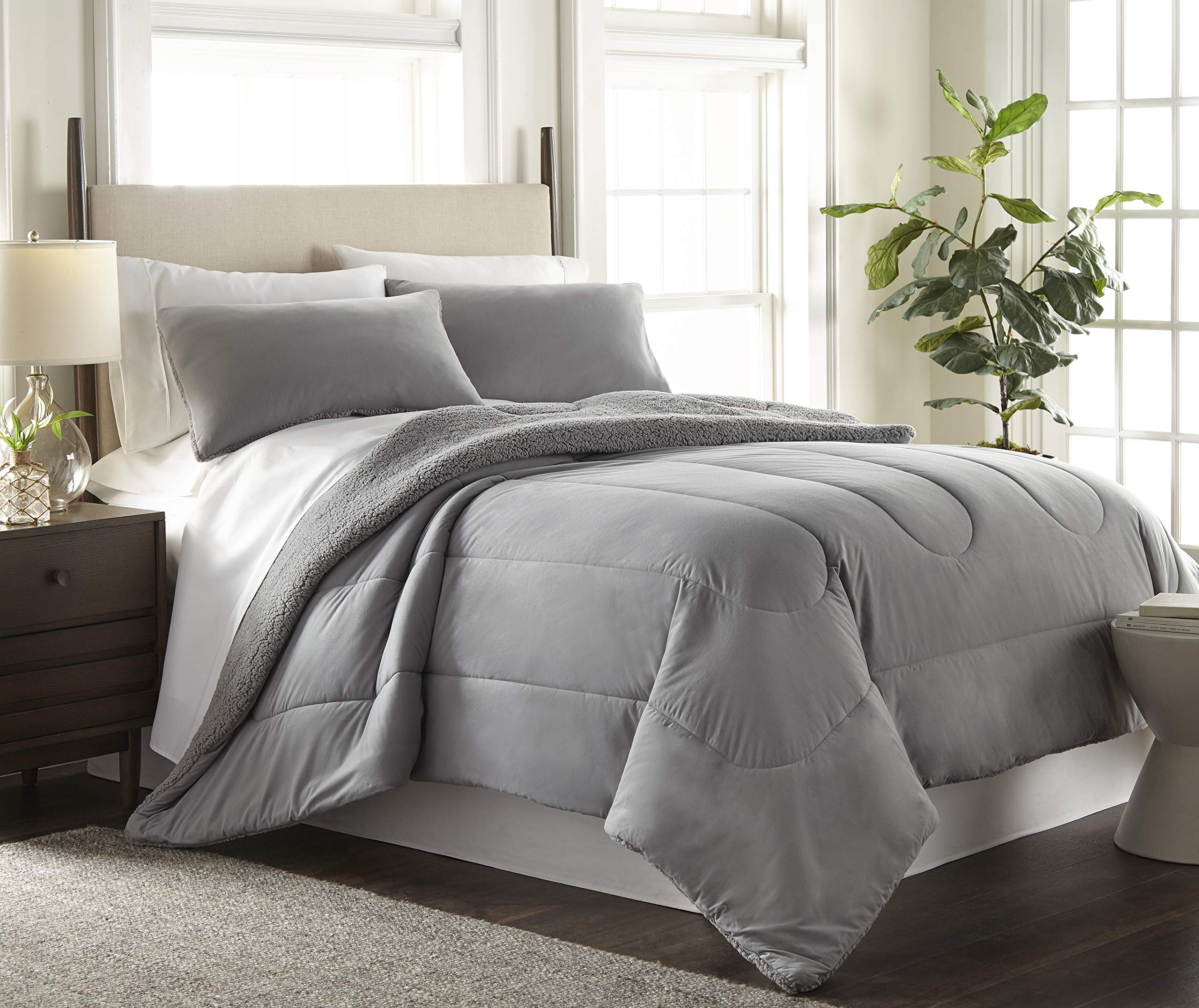 Thermee Micro Flannel Comforter Set - 2 Shams, No Shrink, Machine Wash - Slate Grey Full/Queen for Cozy Bedroom