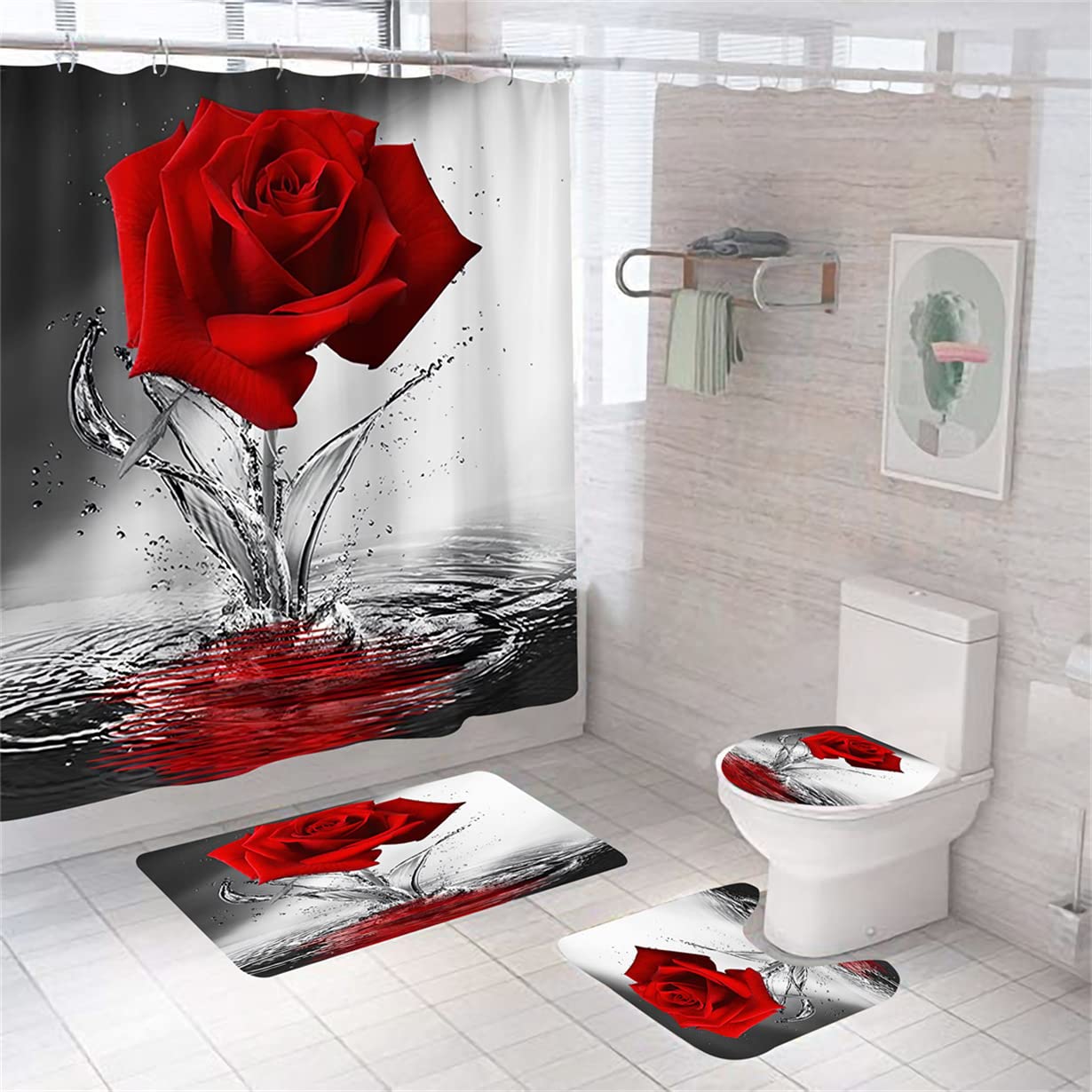 Elegant Red Rose Water Leaf Shower Curtain Set with 12 Hooks & Matching Bath Mat - Waterproof Bathroom Decor for Vintage Style Homes - Perfect for Master Bathrooms & Guest Suites