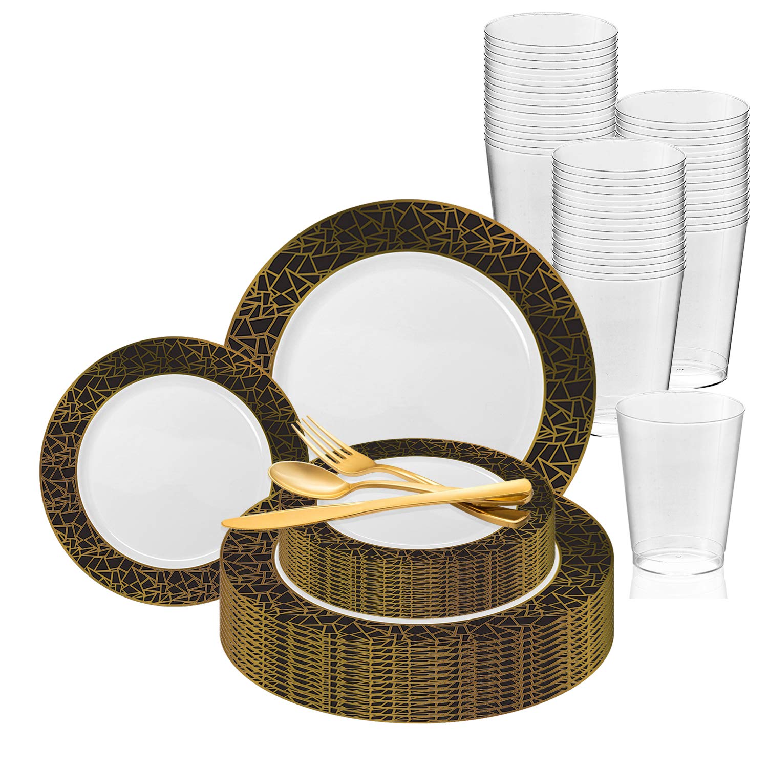 Elegant Disposable Plastic Dinnerware Set for 60 Guests - Premium White with Black & Gold Mosaic Design, Includes Dinner Plates, Dessert Plates, Salad Plates, Silverware & Cups | Perfect for Weddings, Birthday Parties, Bridal Showers, Baby Showers & Special Events | Ideal for Outdoor Catering, Picnics & Large Gatherings