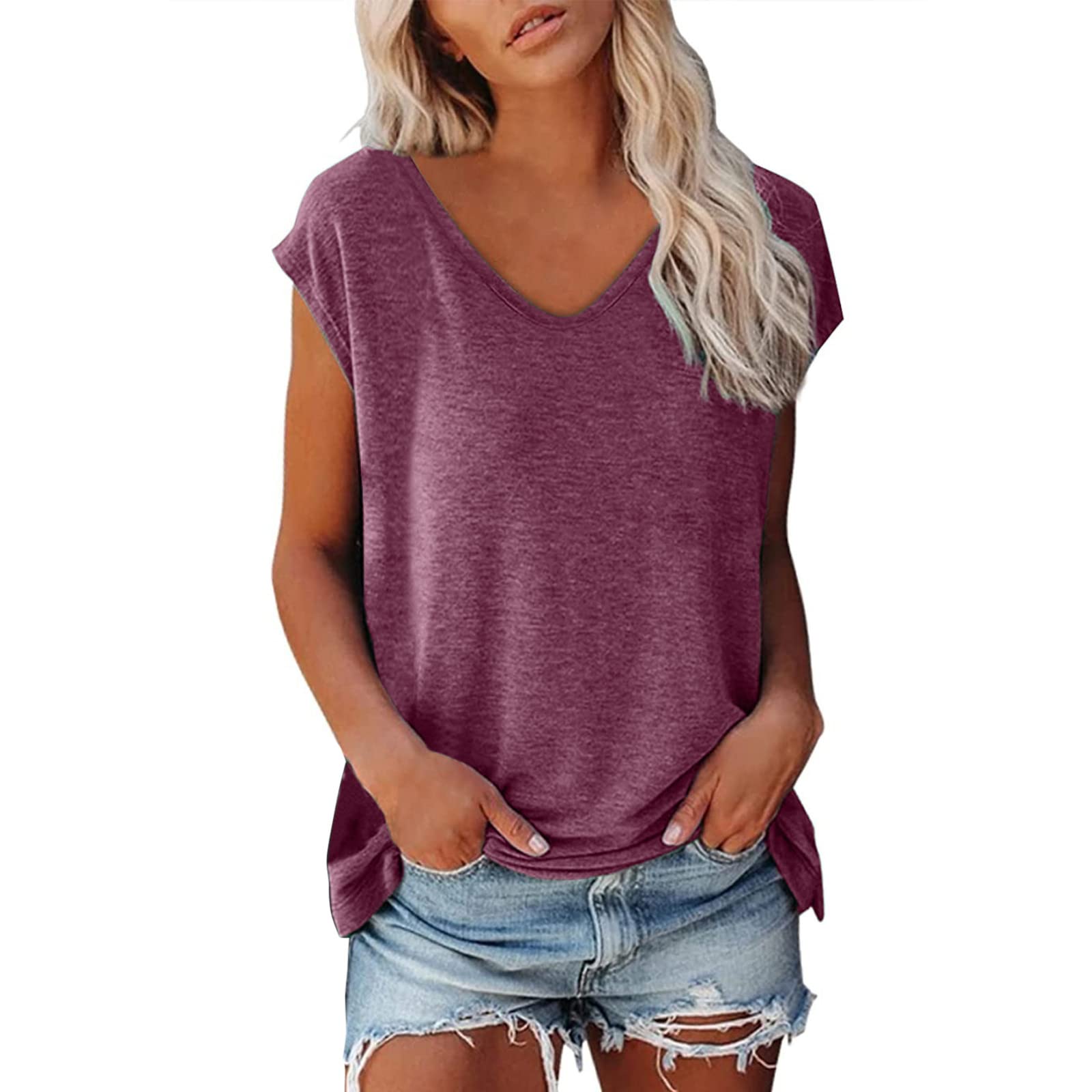 Trendy 2024 Women's Summer Tops - Casual V-Neck Cap Sleeve T-Shirts | Cute Loose Fit Tees for Work & Everyday Wear | Breathable Short Sleeve Blouses for Office, Outings & Vacation