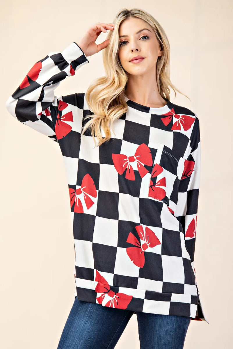 Celeste Full Size Checkered Bow Print Round Neck T-Shirt for Women | Fashion Casual Tee | Perfect for Everyday Wear, Dating and Outings