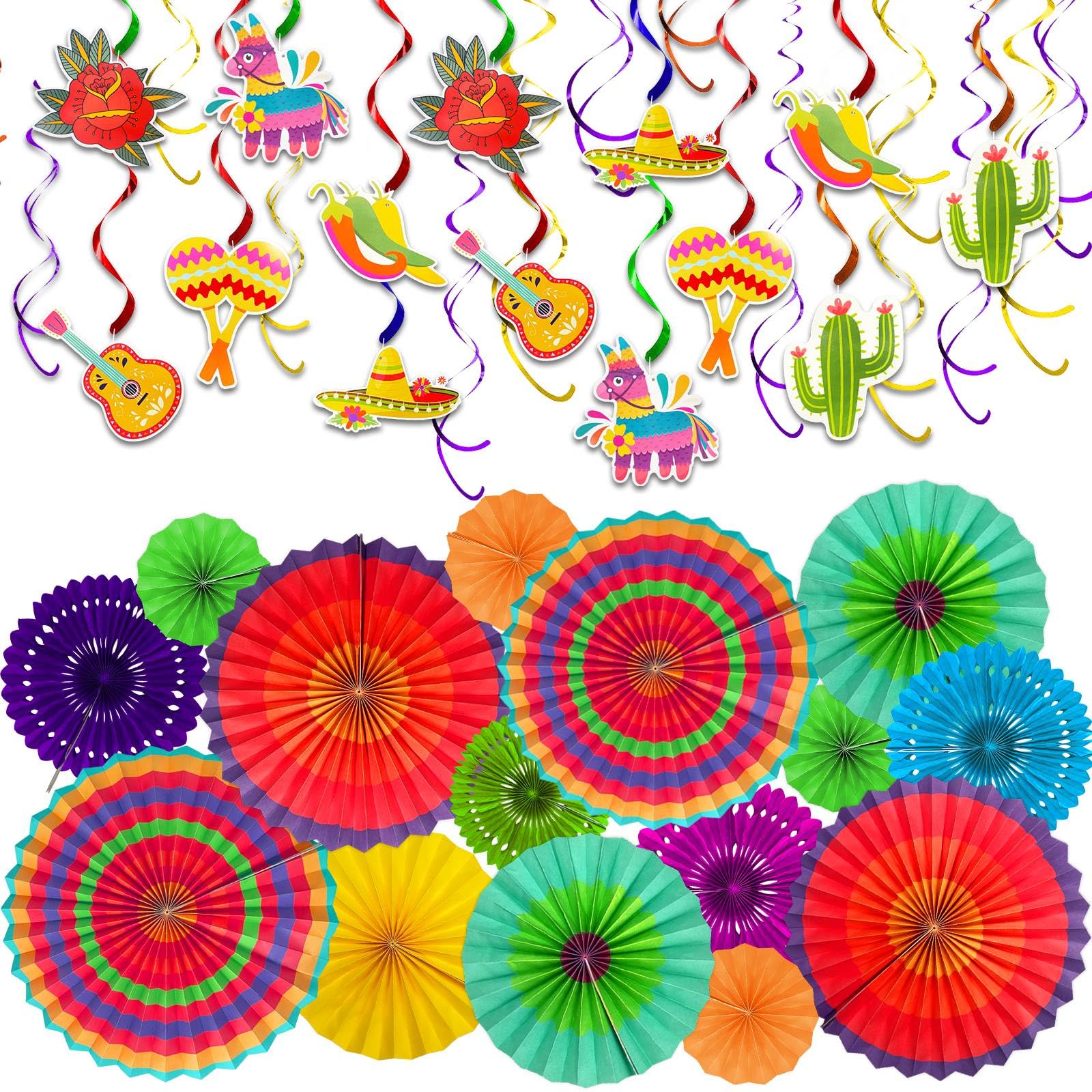 44 Pcs Cinco De Mayo Party Decorations - Colorful Mexican Fiesta Supplies with Paper Fans, Llama & Cactus Cutouts, Hanging Swirls for Taco Tuesday, Luau, Carnivals, Birthdays - Perfect for Photo Booths & Party Favors