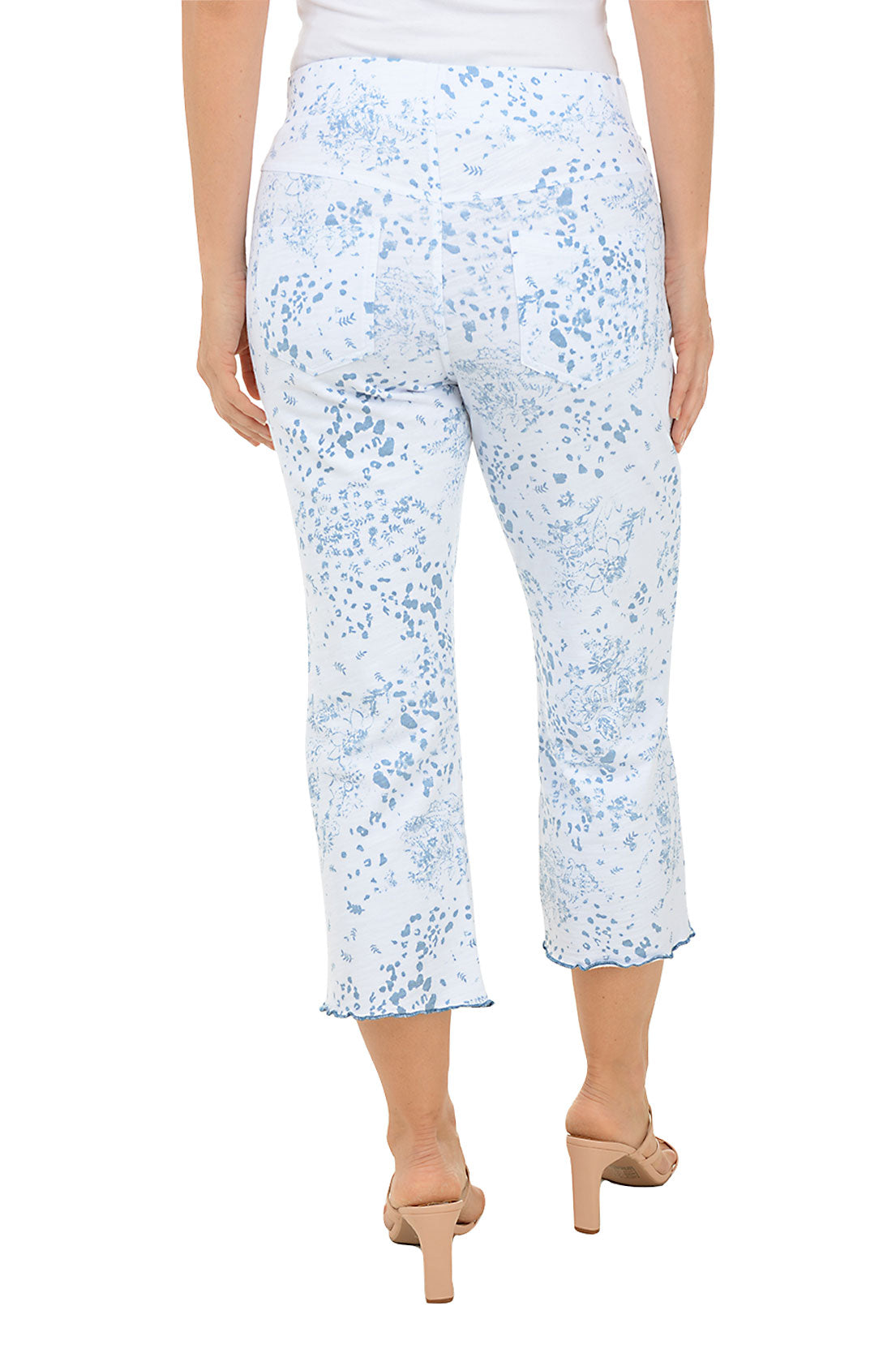 Floral Lettuce Trim Crop Pants - Women's High Waisted Wide Leg Trousers for Casual, Office & Spring Outfits