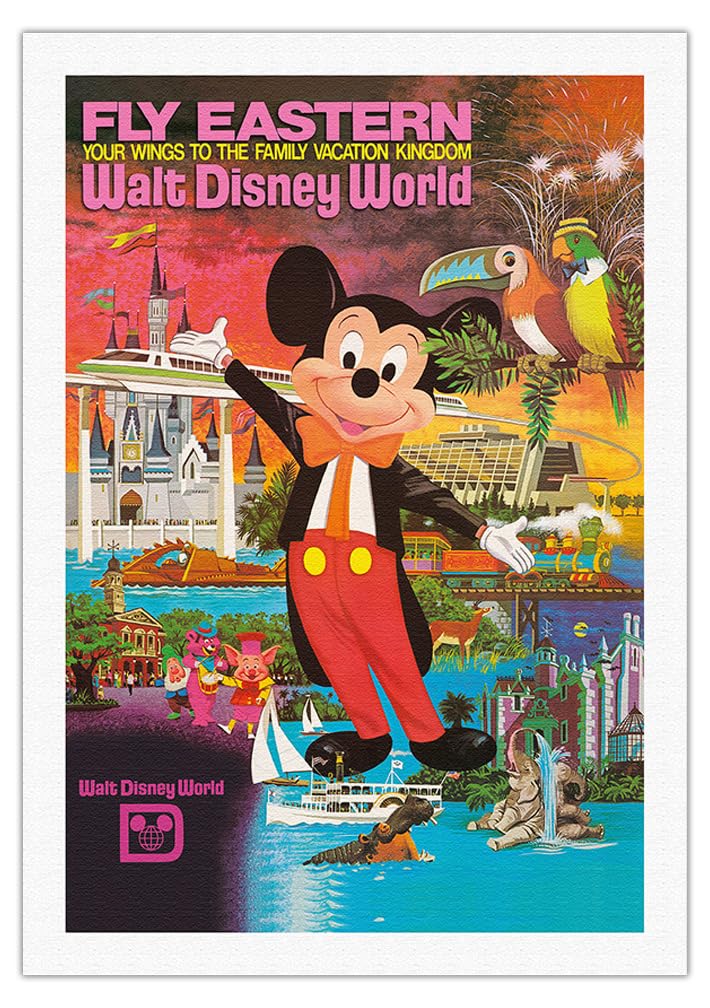 Vintage 1980 Disney World & Eastern Airlines Travel Poster - Orlando Florida Fine Art Canvas Print 27x40 in - Perfect for Home Decor, Office Wall Art & Disney Memorabilia Collection