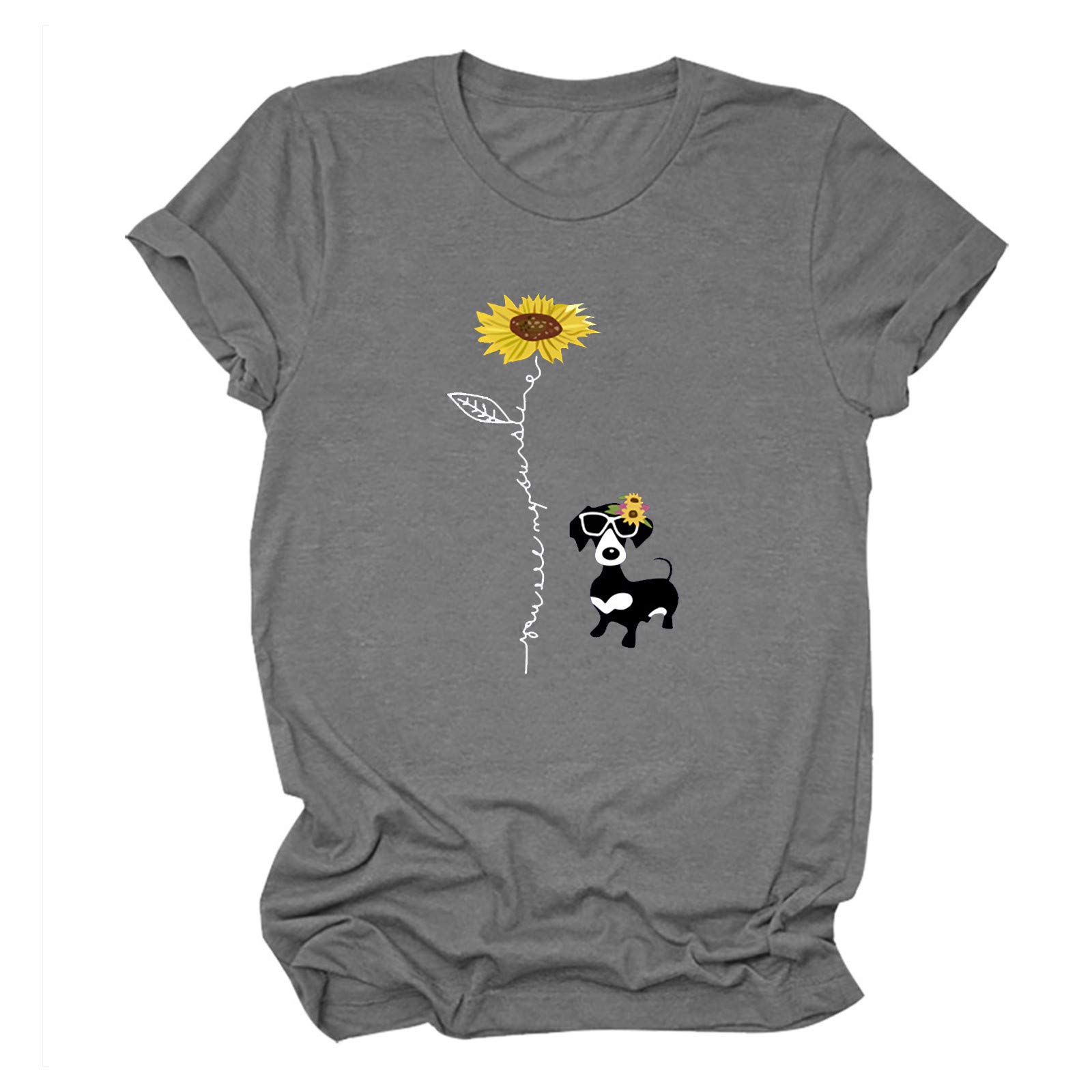 Stylish Women's & Men's Short Sleeve T-Shirts with Sunflower Print - Fashionable Dog Graphic Tees in Dark Gray for Casual Wear & Summer Outfits
