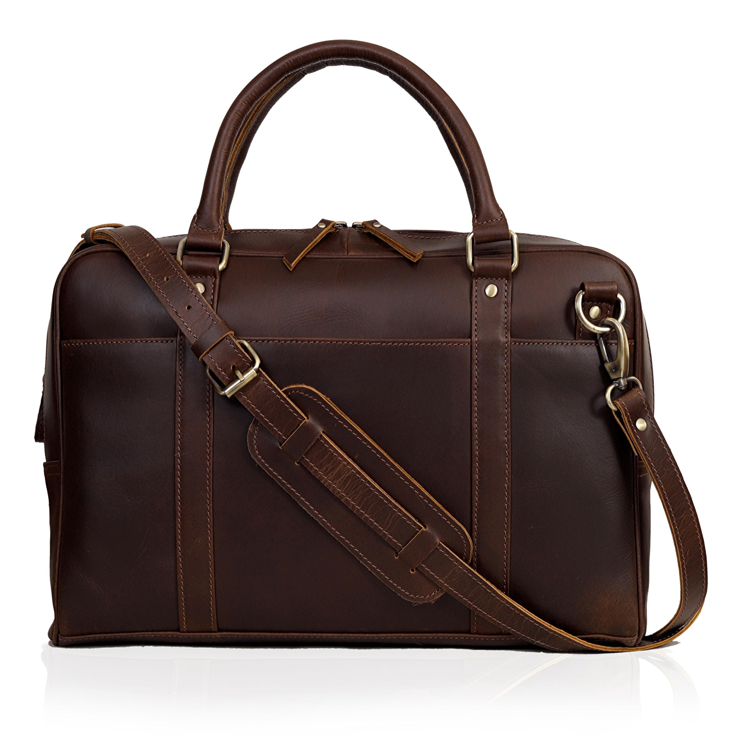 Premium Full Grain Cow Leather Briefcase for Men & Women - Handcrafted Laptop Bag with Multiple Compartments & Brass Hardware - Business Travel & Office Work Accessory