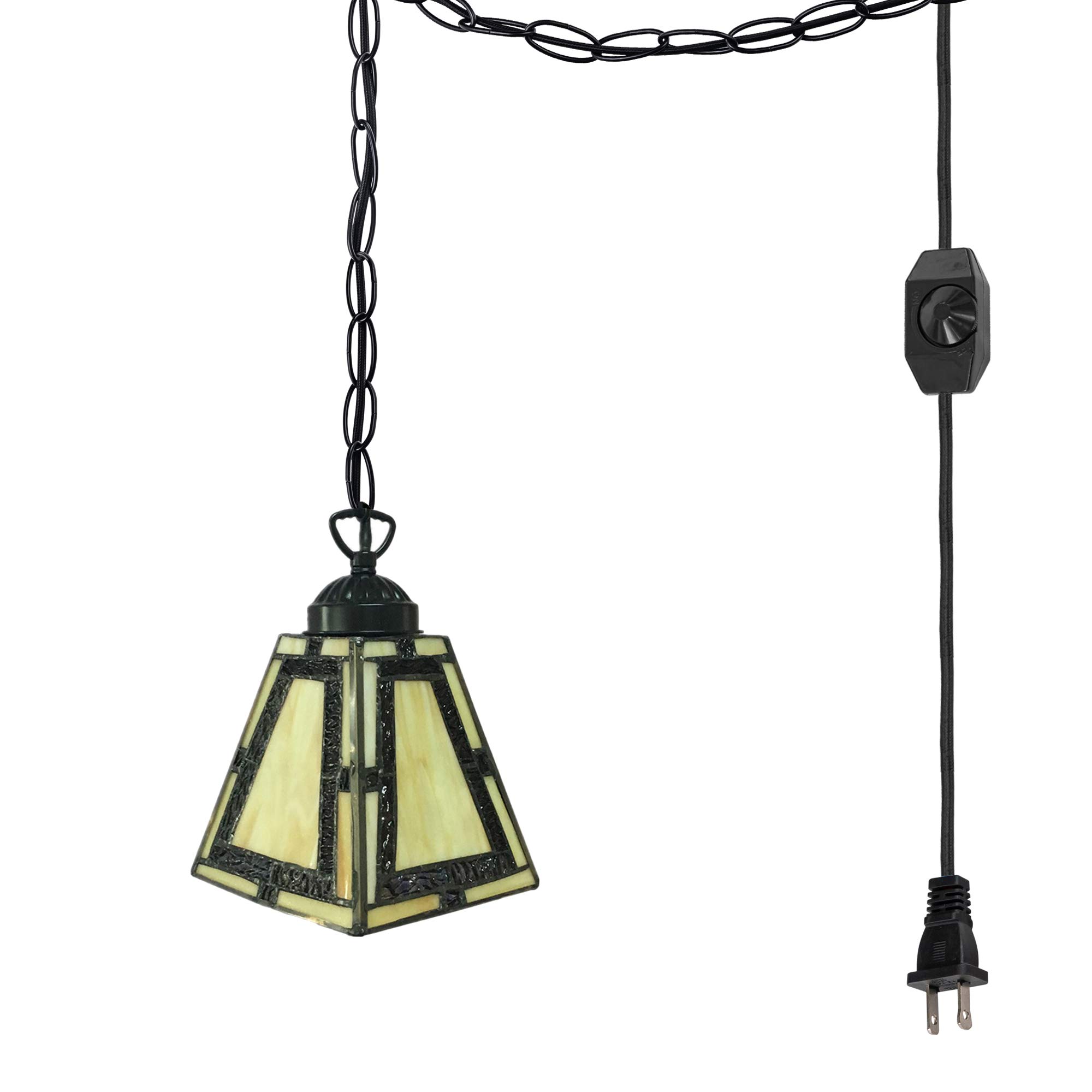 Vintage Tiffany Style Pyramid Hanging Swag Lamp - No Wiring Needed Plug-in Pendant Light with 15ft Cord & Dimmer Switch - Stained Glass Baroque Chandelier for Bedroom, Dining Room, Living Room Decor
