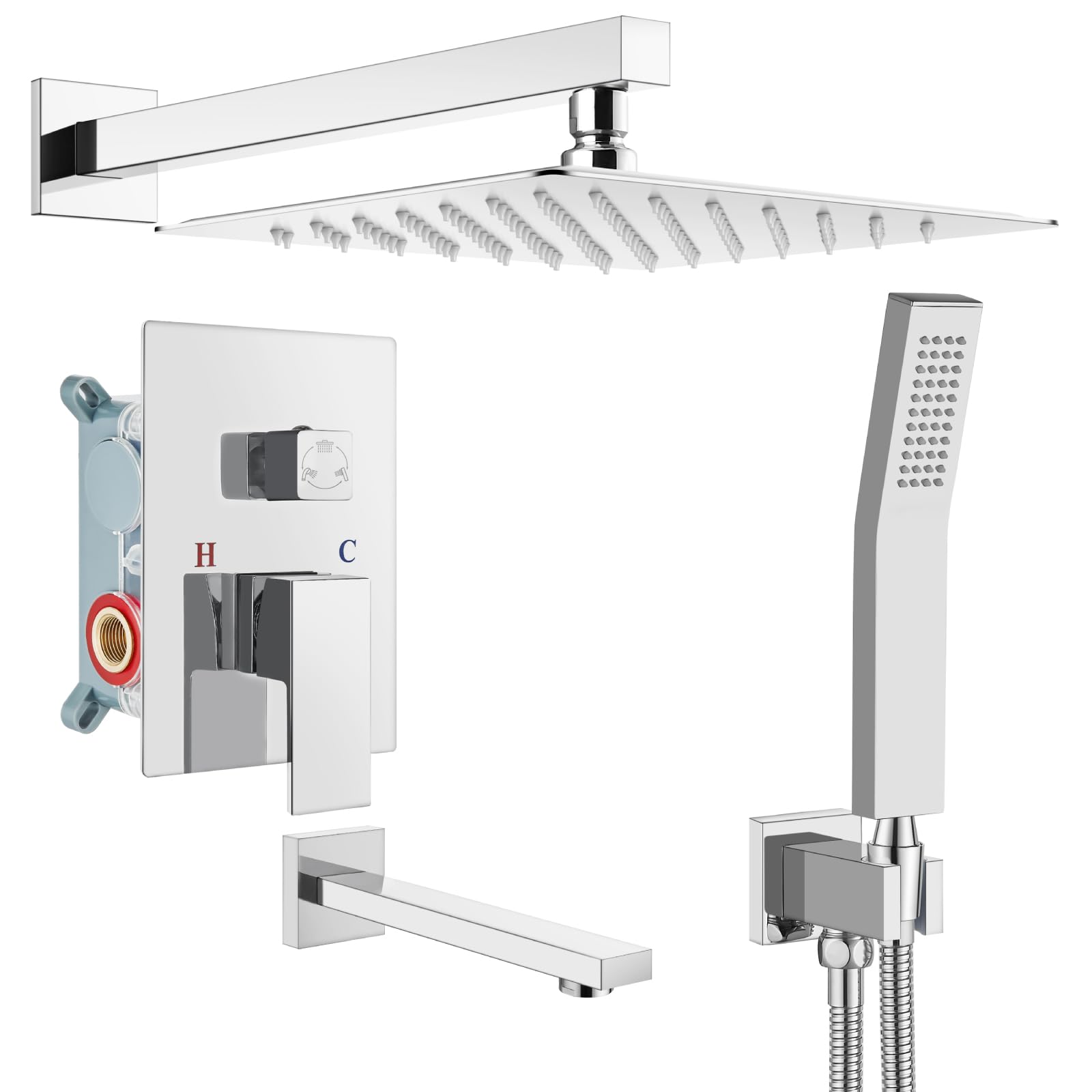 Gotonovo 3-Function Wall Mounted Shower System Set with Rainfall Shower Head, Handheld Spray & Tub Spout - 10 Inch Polish Chrome Shower Faucet Combo & Rough-in Valve Trim Kit for Bathroom Renovation & Spa Experience