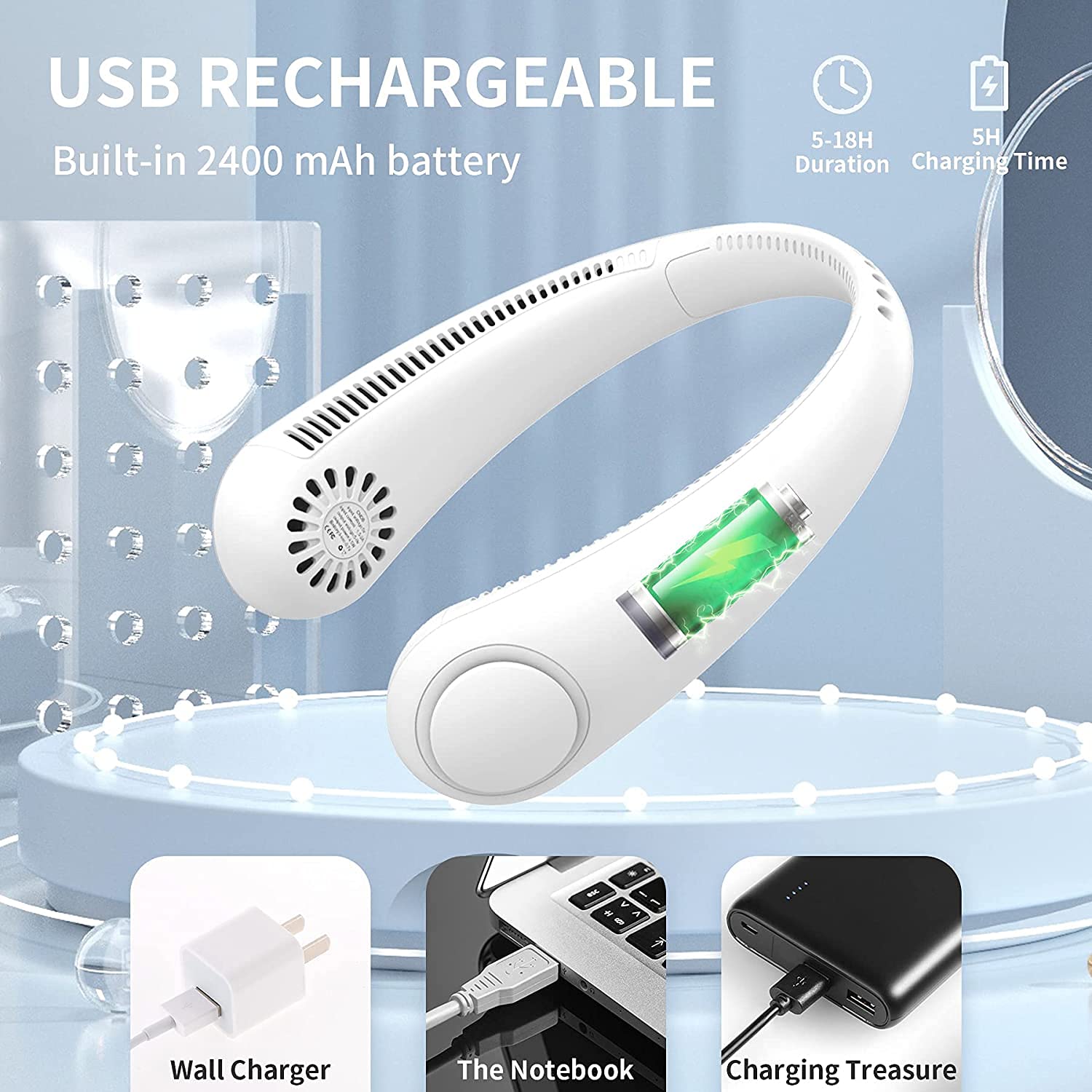 Firstone Bladeless Neck Fan - Portable Hands-Free Personal Cooling Fan with 2400mAh Battery, USB Rechargeable, 3 Speed Settings, Lightweight Headphone Design for Home, Office, Travel & Outdoor Activities (White) - Stay Cool While Working, Exercising or Commuting