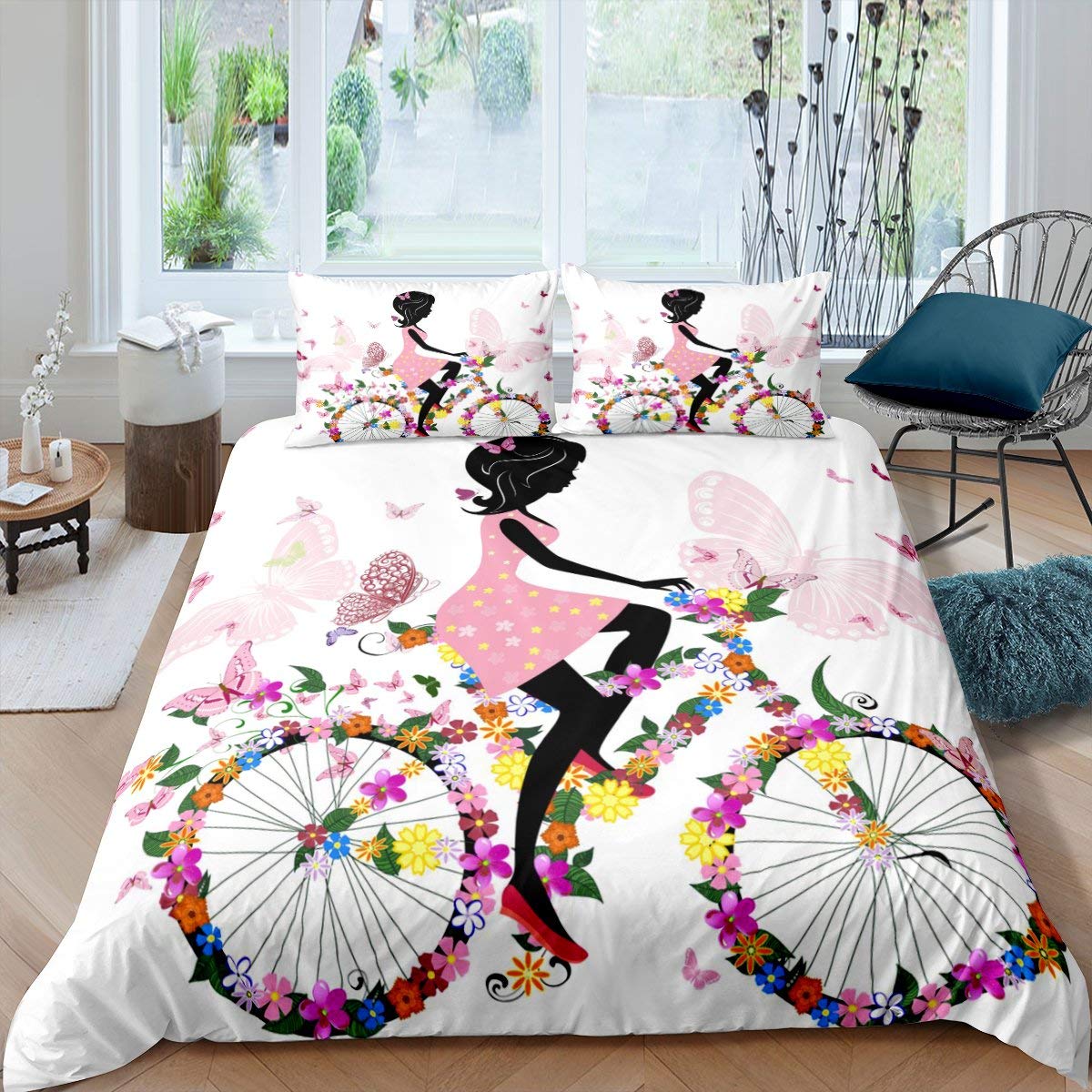 Erosebridal Pink Floral Butterfly Duvet Cover Set Queen Size - Romantic Bicycle Print Bedding with 2 Pillowcases for Valentine's Day, Sweetheart Bedroom Decor | Perfect for Girls' Room, Bridal Shower Gift & Cozy Home Makeover