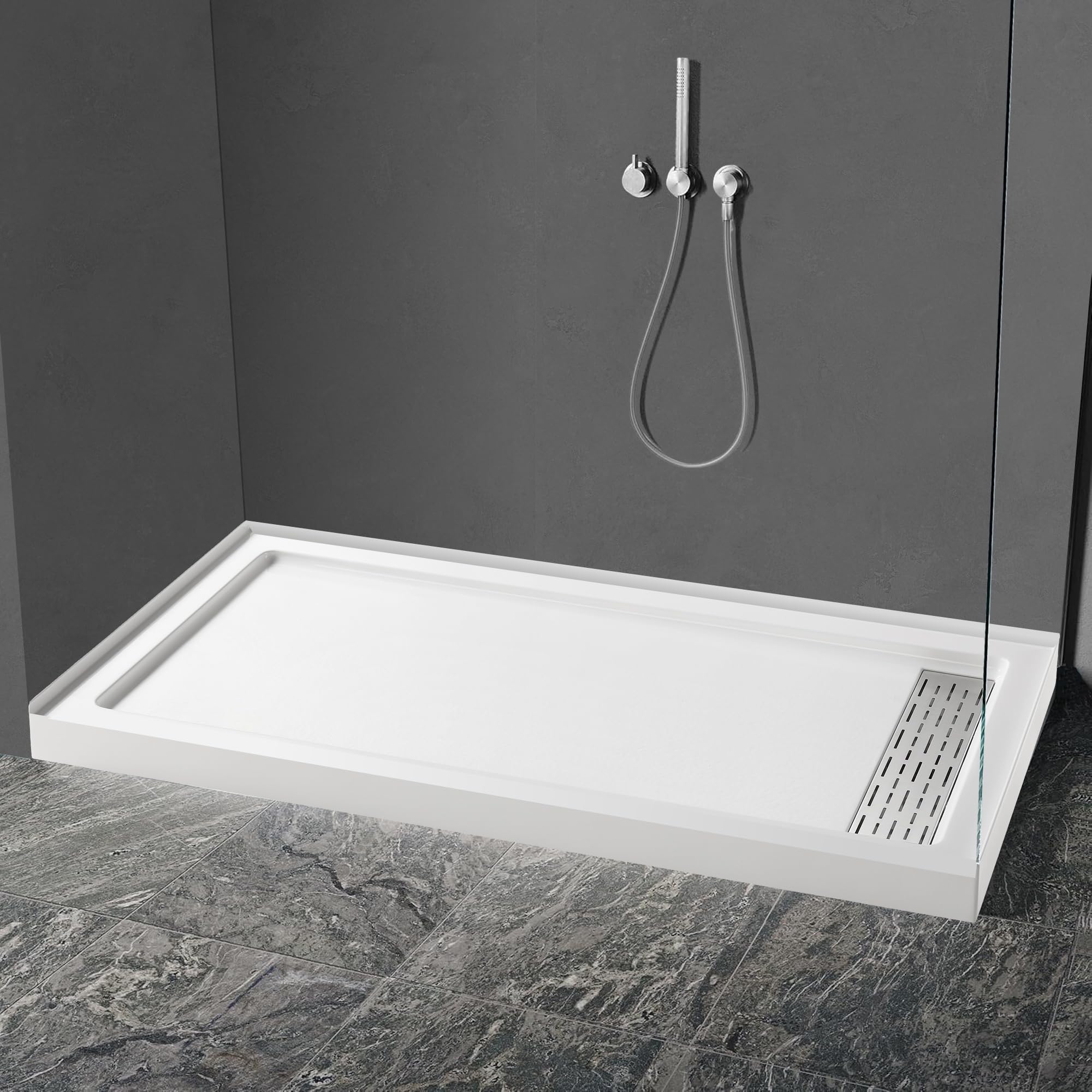 MORVANO 60x32 Inch Acrylic Shower Base Pan with Non-Slip Surface & Right Drain - White Bathroom Shower Tray with Removable Stainless Steel Cover | Perfect for Modern Bathroom Renovations and ADA Compliant Installations