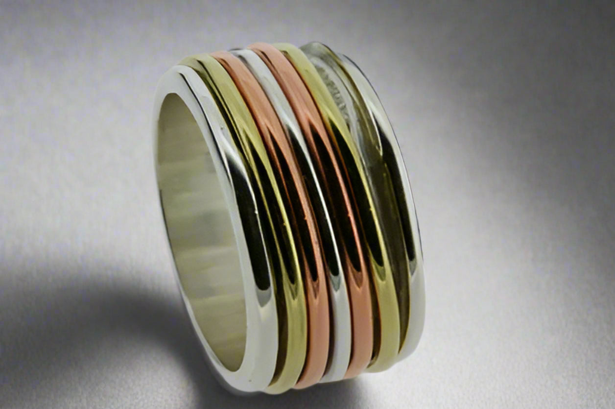 Five Band Polished Silver, Brass & Copper Spinner Ring for Anxiety Relief, Stress Relief & Focus - Perfect for Meditation, Fidgeting & Fashion Accessories