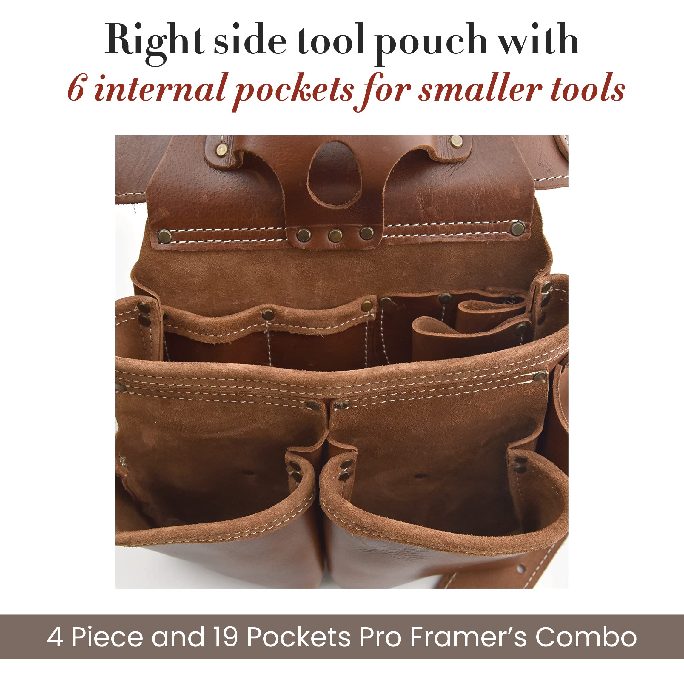 Style n Craft - 4 Piece 19 Pocket Professional Framer's Tool Belt Set with 2 Pouches & Hammer Holder | Full-Grain Leather Carpenter Belt Combo in Dark Tan (98444) | Perfect for Construction, Woodworking & DIY Home Projects