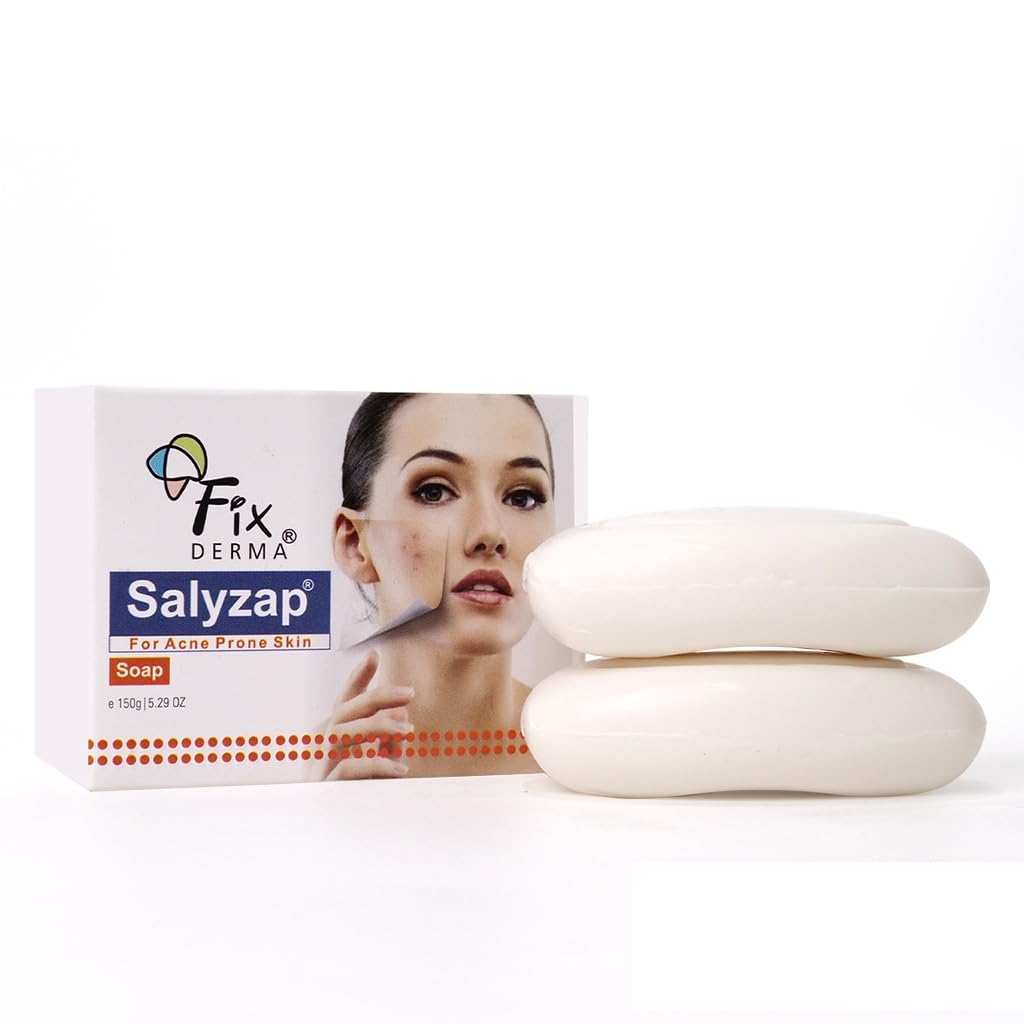 Fixderma Salyzap Acne Treatment Soap with Salicylic Acid, Tea Tree Oil & Vitamin E - 150gm (Pack of 2) | Clears Breakouts, Controls Oil & Prevents Acne | Ideal for Oily & Acne-Prone Skin | Paraben-Free | Perfect for Daily Face & Body Wash Routine