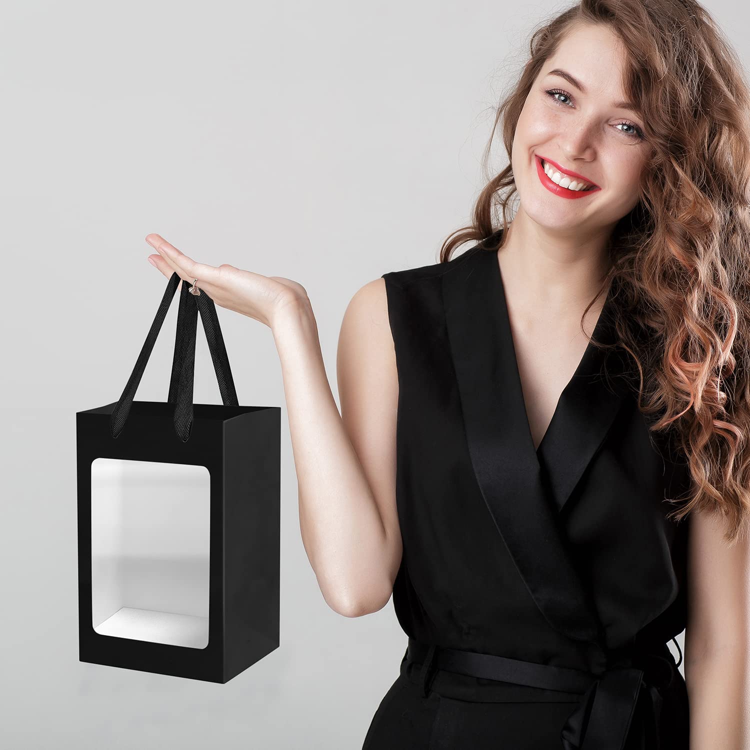 12 Pack Black Kraft Paper Gift Bags with Clear Window - 9.84