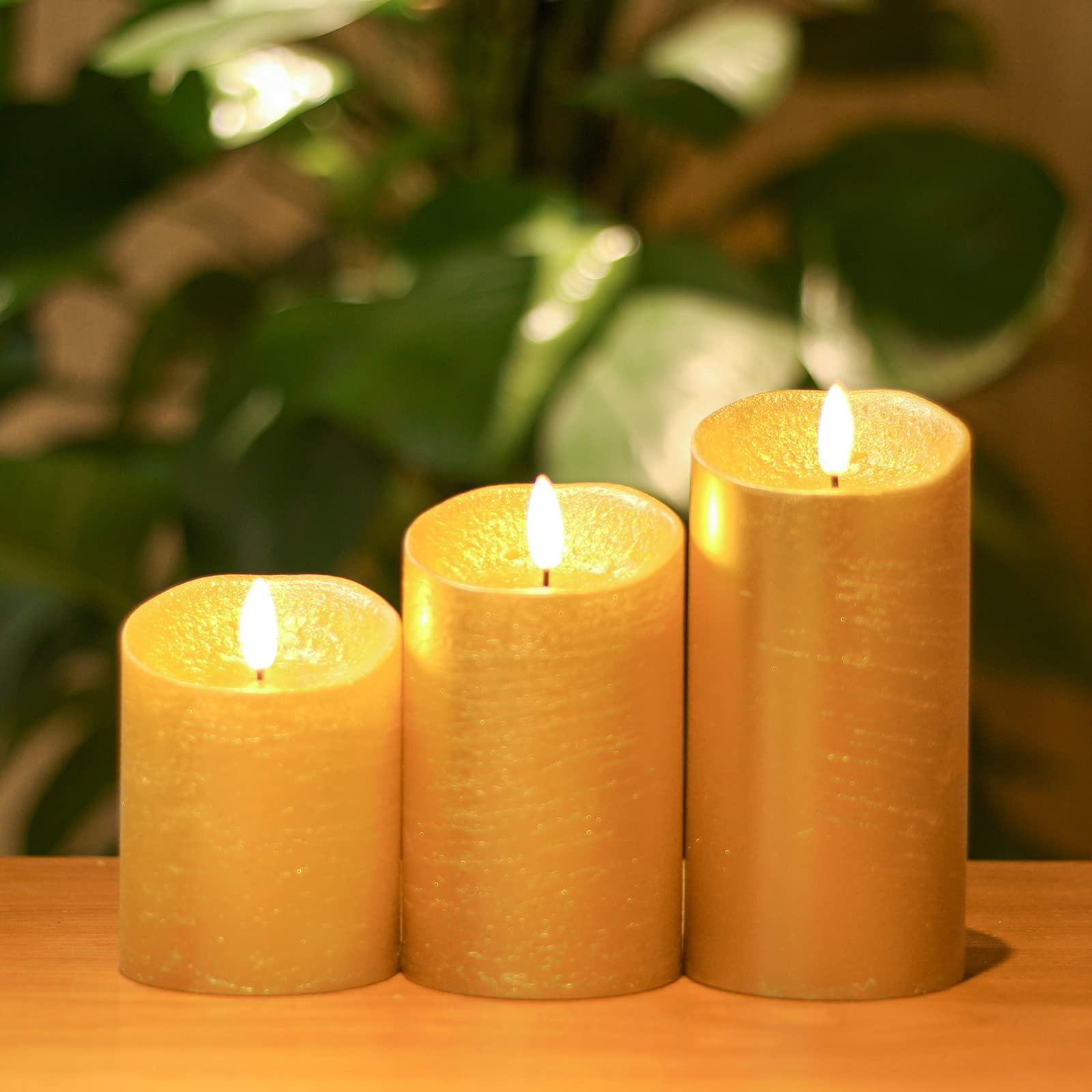Flicker-Free Flameless LED Candles with Timer & Remote Control - Set of 3 Battery Operated Decorative Candles for Christmas, Home Decor, Weddings & Romantic Dinners - Gold Finish