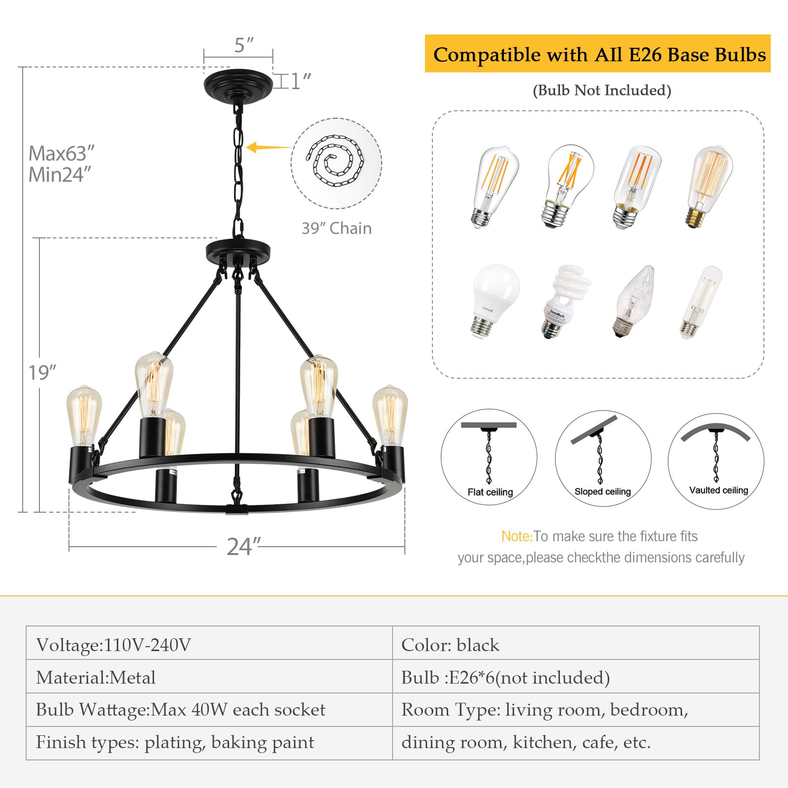 Black Farmhouse Wagon Wheel Chandelier - 6-Light 24