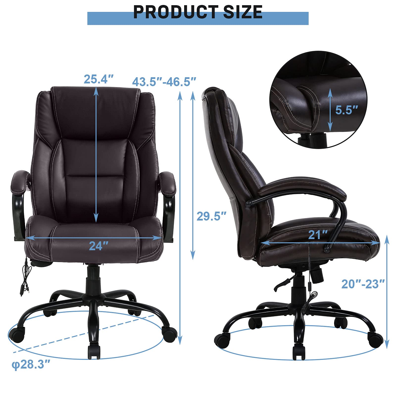 Big and Tall Office Chair Heavy Duty 500 lbs Capacity - Wide Seat Ergonomic Computer Chair with Massage, Padded Armrests & Lumbar Support - Modern Rolling Swivel Desk Chair for Home Office, Gaming & Workspace (Black)