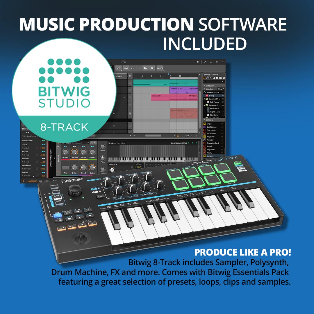 Nektar Impact LX Mini - 25-Key USB MIDI Controller Keyboard with DAW Integration | Compact Music Production Keyboard for Home Studio, Live Performance & Beat Making | Black