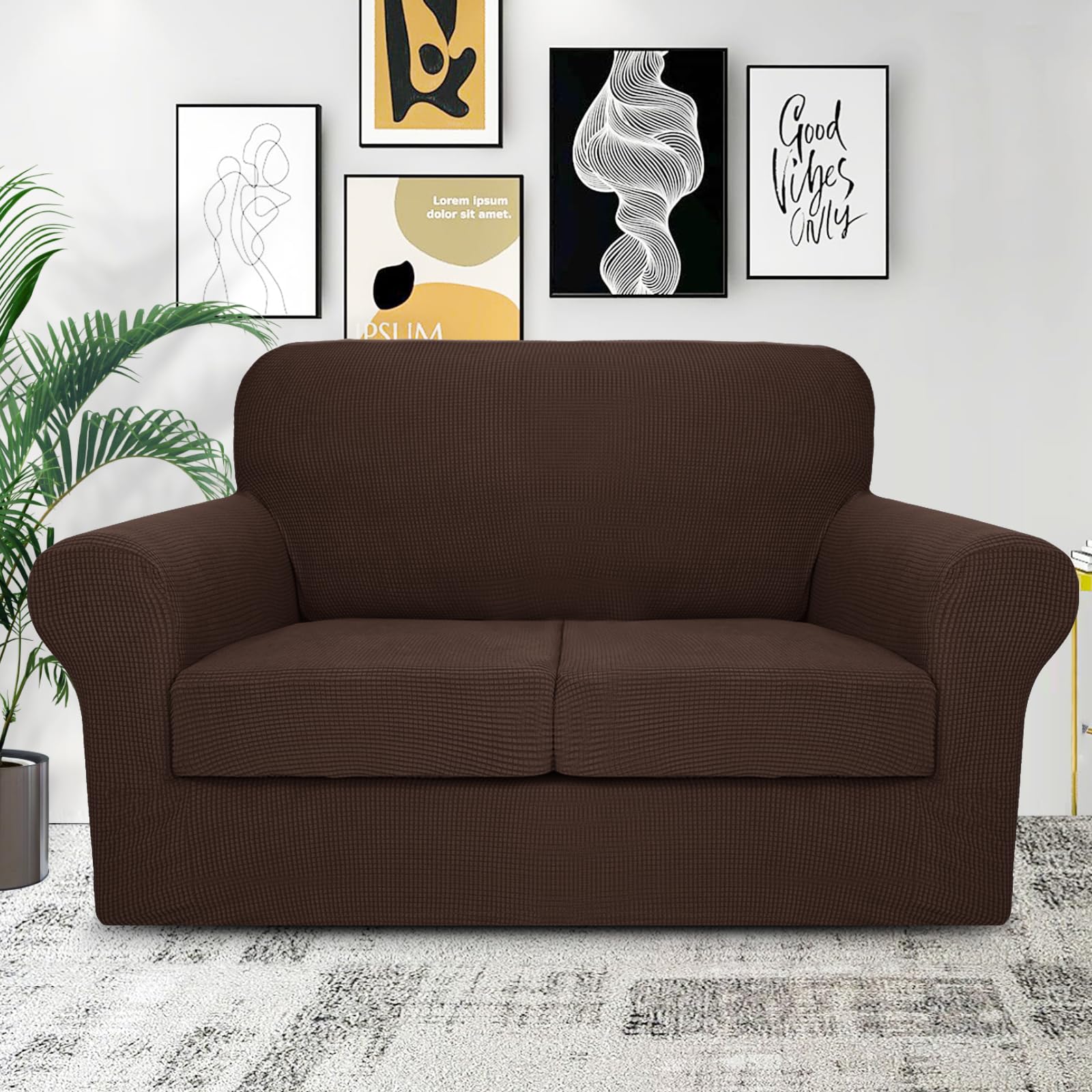 ZNSAYOTX 3-Piece Stretch Jacquard Loveseat Slipcovers - Spandex Sofa Cover for 2-Cushion Couches, Coffee Checkered Furniture Protector - Perfect for Living Room, Apartment & Small Space Decor