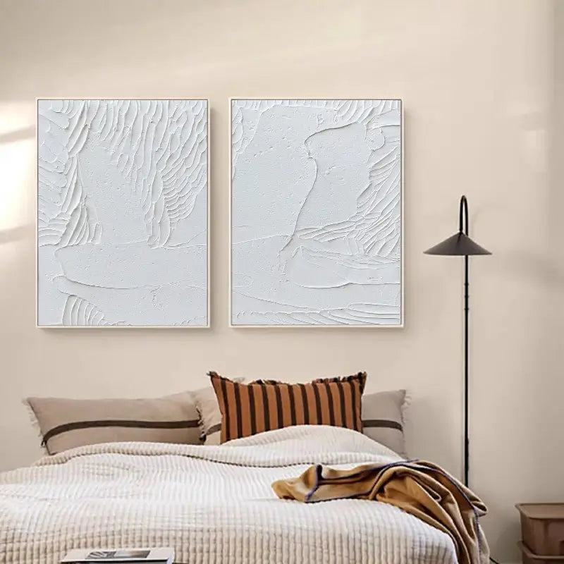 Minimalist White Textured Canvas Paintings - Set of 2 Abstract Wall Art for Living Room, Bedroom & Office Decor #MM047
