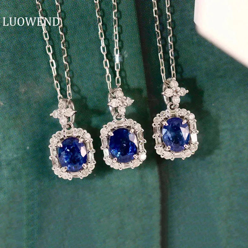 18K White Gold Blue Sapphire and Diamond Pendant Necklace for Women - Elegant Square Shape Jewelry Gift for Anniversary, Birthday & Special Occasions