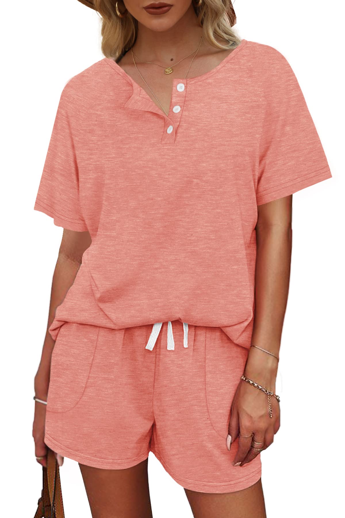 WIHOLL Women's 2-Piece Lounge Set - Button Down Top & Shorts with Pockets | Comfortable Sweatsuit for Home, Travel & Casual Wear