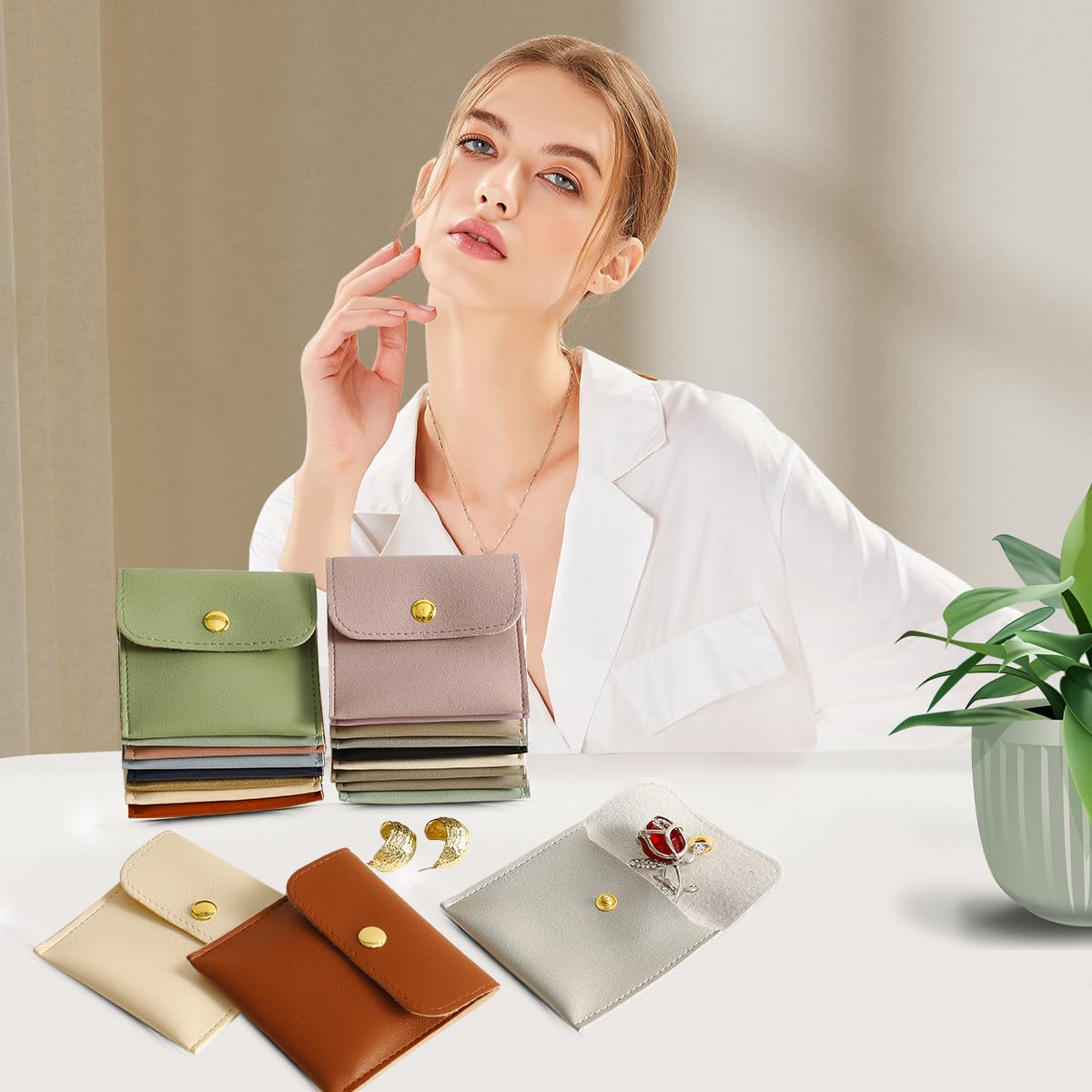 40-Piece PU Leather Jewelry Gift Bags - 8x8cm Snap Closure Luxury Packaging for Earrings, Necklaces, Bracelets & Rings - Perfect for Wedding Favors, Birthday Gifts & Retail Display (Brown)