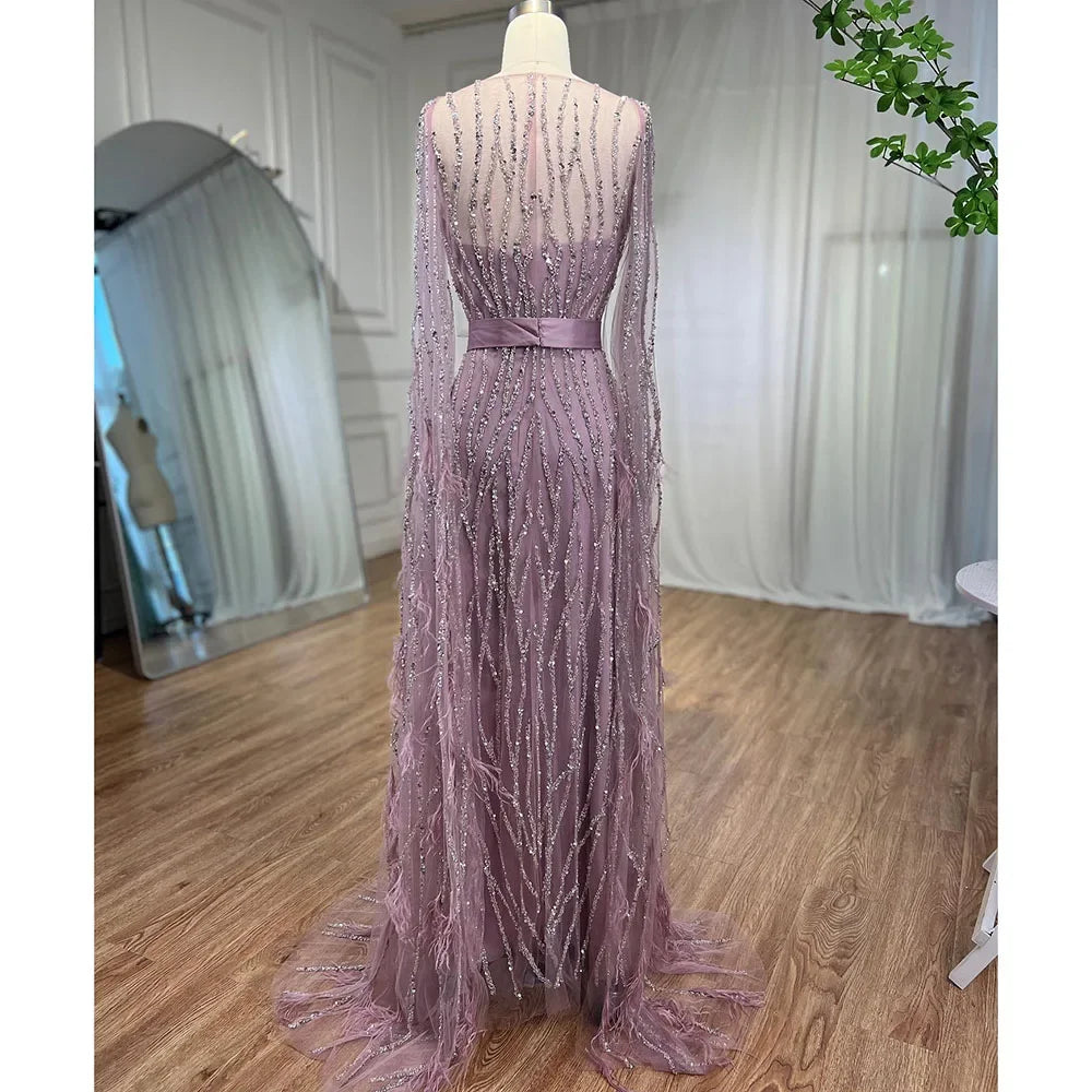 Serene Hill Ivory Mermaid Evening Gown with Elegant Feather Cape & Beaded Square Neckline - Luxury Moroccan Caftan Dress LA71748 for Weddings, Galas & Formal Events