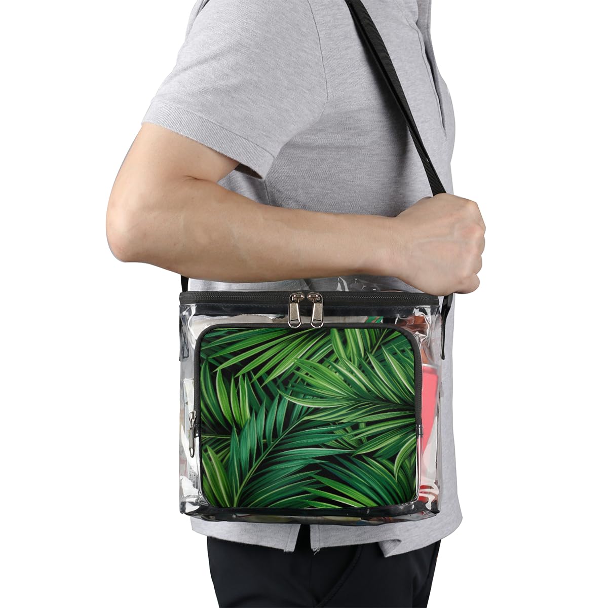 GzLeyigou Clear Tote Bag with Palm Leaf Design - Transparent Crossbody Shoulder Bag for Women, Lunch Bag for Outdoor, Travel, Picnic, Concerts & Sports Events (Stadium Approved) - Perfect for Beach Days, Shopping & Summer Fashion Accessories