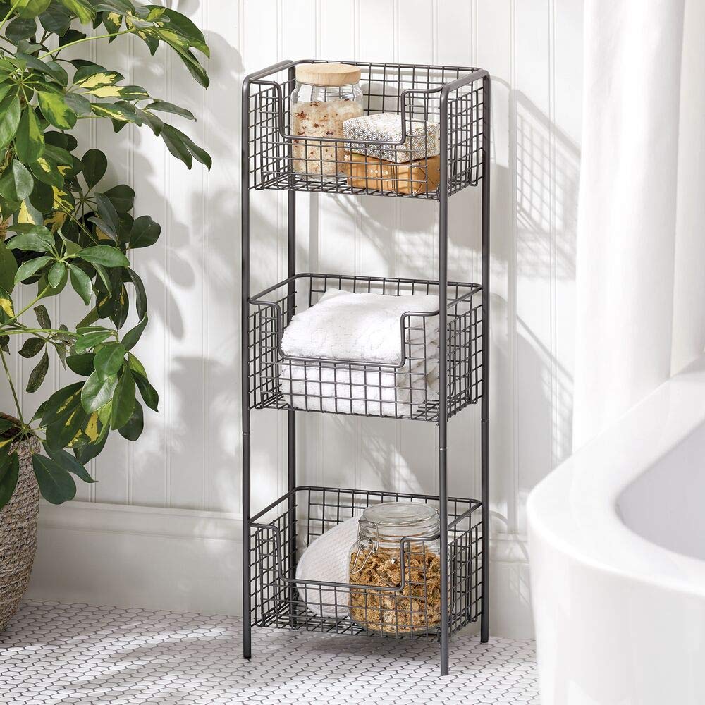 mDesign 3-Tier Steel Freestanding Bathroom Storage Organizer Tower - Metal Shelf Rack for Towels, Soap & Toiletries - Graphite Gray Concerto Collection - Perfect for Master Bath, Guest Bath & Powder Room Organization