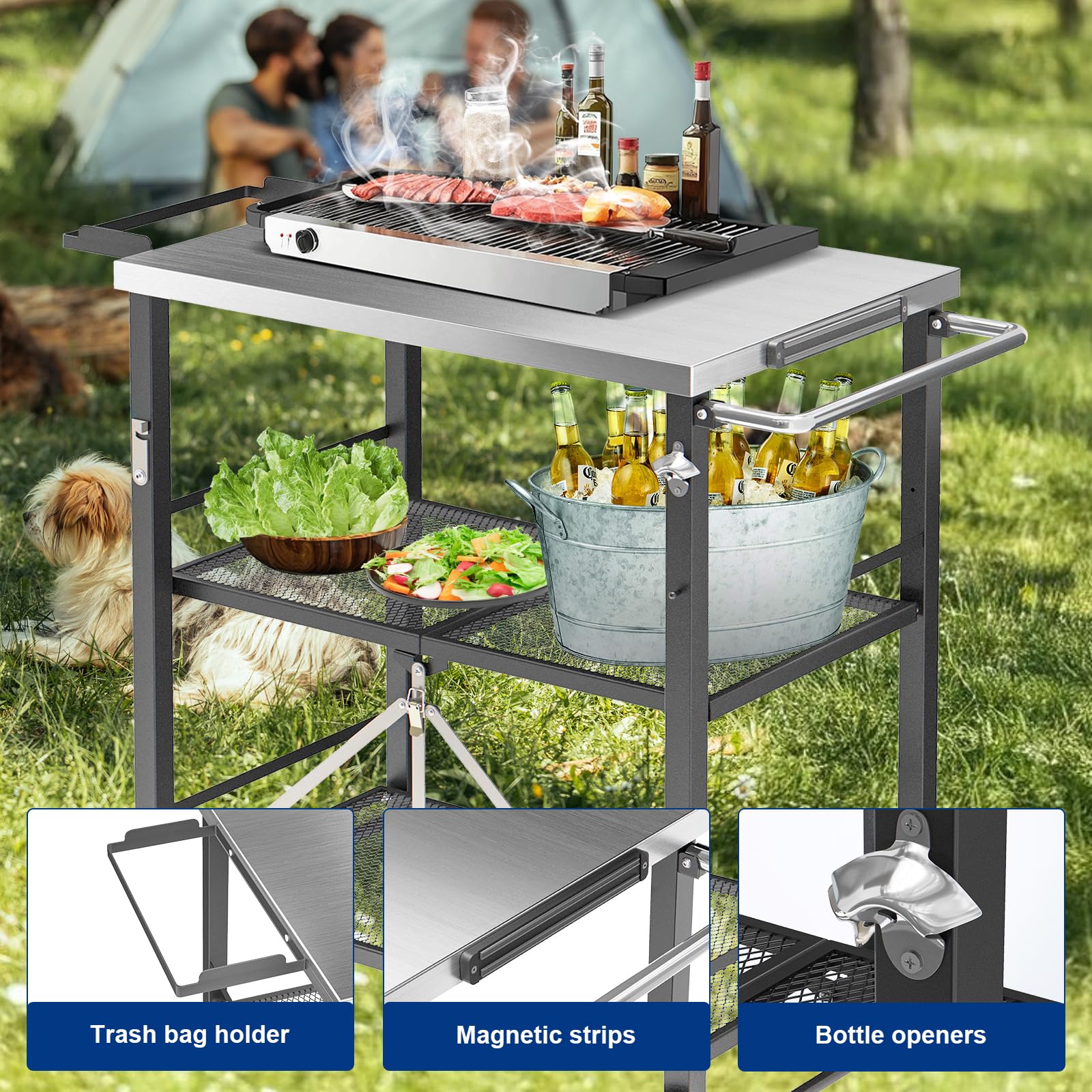 Portable Stainless Steel Folding Grill Cart - Outdoor BBQ Table for Ninja Woodfire, Blackstone Griddle & Cuisinart | Foldable Kitchen Island with Pizza Oven | Perfect for Camping, Backyard Parties & Tailgating