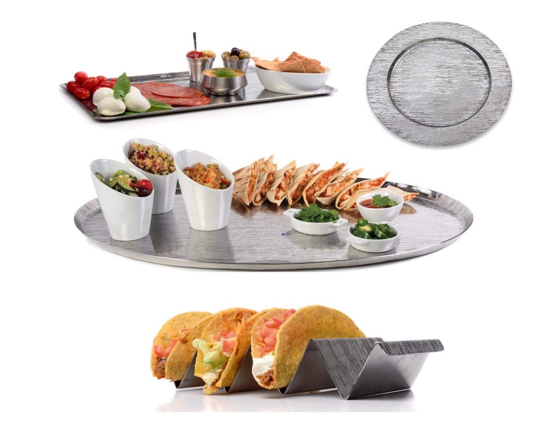 Premium Stainless Steel Serving Trays Set of 4 - Oval, Round, Rectangle & Taco Tray for Party, Buffet & Home Entertaining | IMPULSE! Sequoia Serveware Collection
