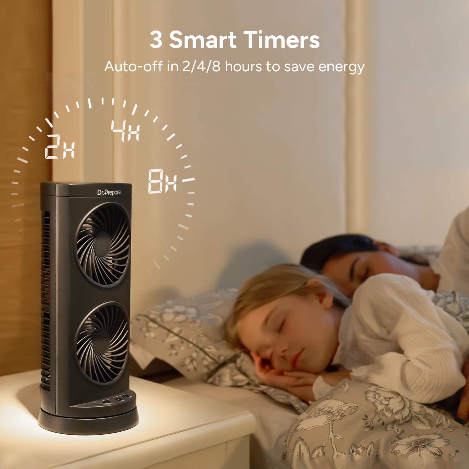 Dr. Prepare Oscillating Tower Fan with DC Motor - 3 Speed Quiet Desk Fan for Home, Bedroom & Office - 110° Wide Angle, Dual Air Circulation, 3 Timer Settings - Perfect for Cooling Workspaces, Dorm Rooms & Nighttime Use