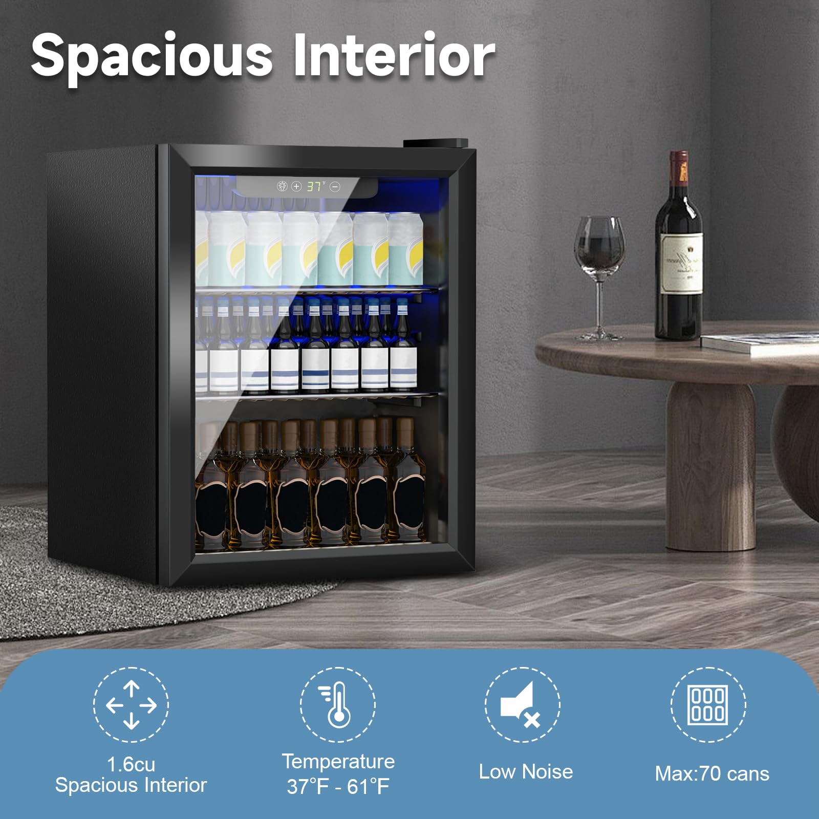 70 Can Mini Fridge Beverage Cooler - 1.6 Cubic Feet Compact Refrigerator with Glass Door & Digital Display, Adjustable Shelves for Soda Beer Wine - Perfect for Home Office Dorm Bar Kitchen (Black)