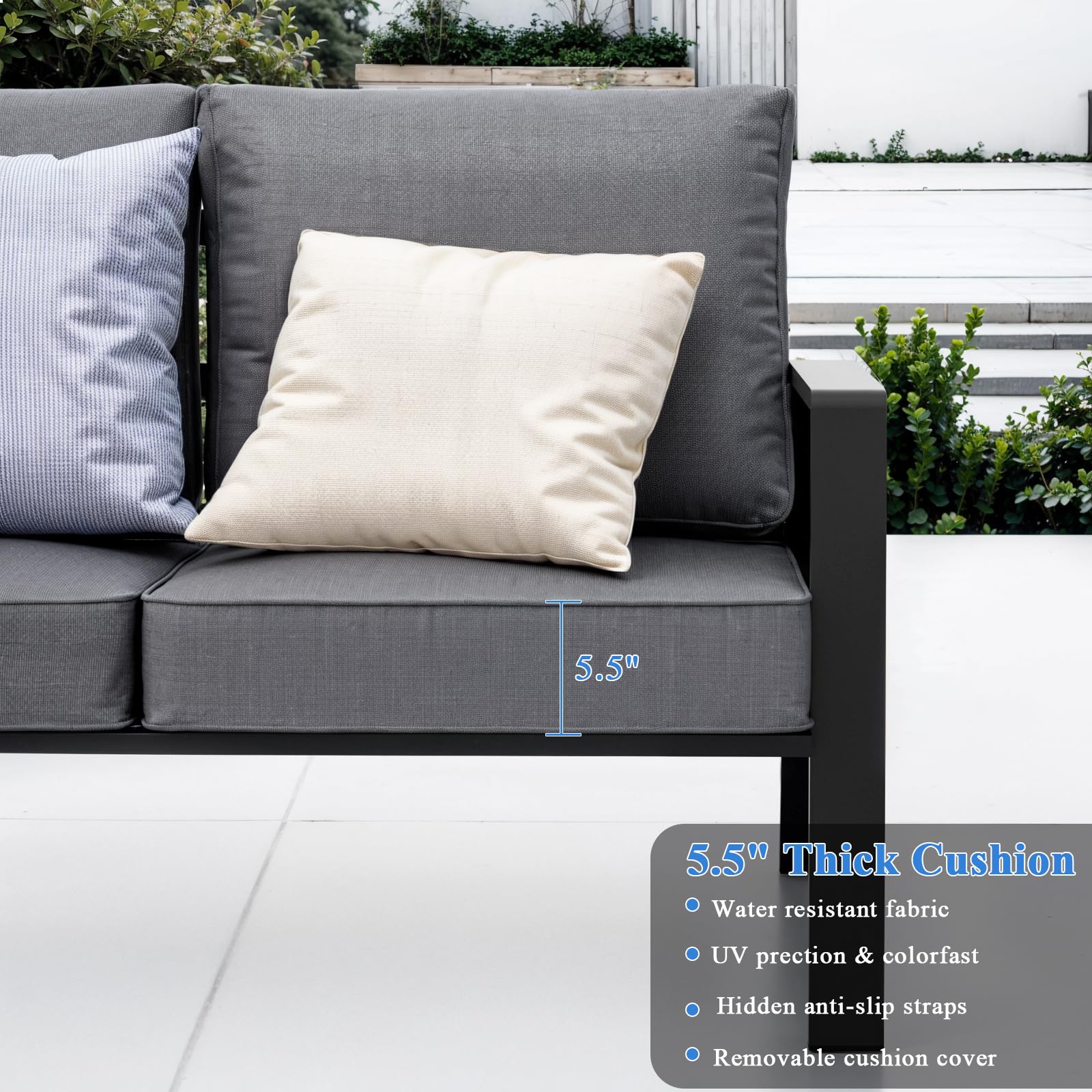 **Dark Grey Aluminum Outdoor Loveseat - Oversized All-Weather Patio Couch with Coffee Table, Modern Metal Furniture Set for Garden, Poolside & Backyard Relaxation**