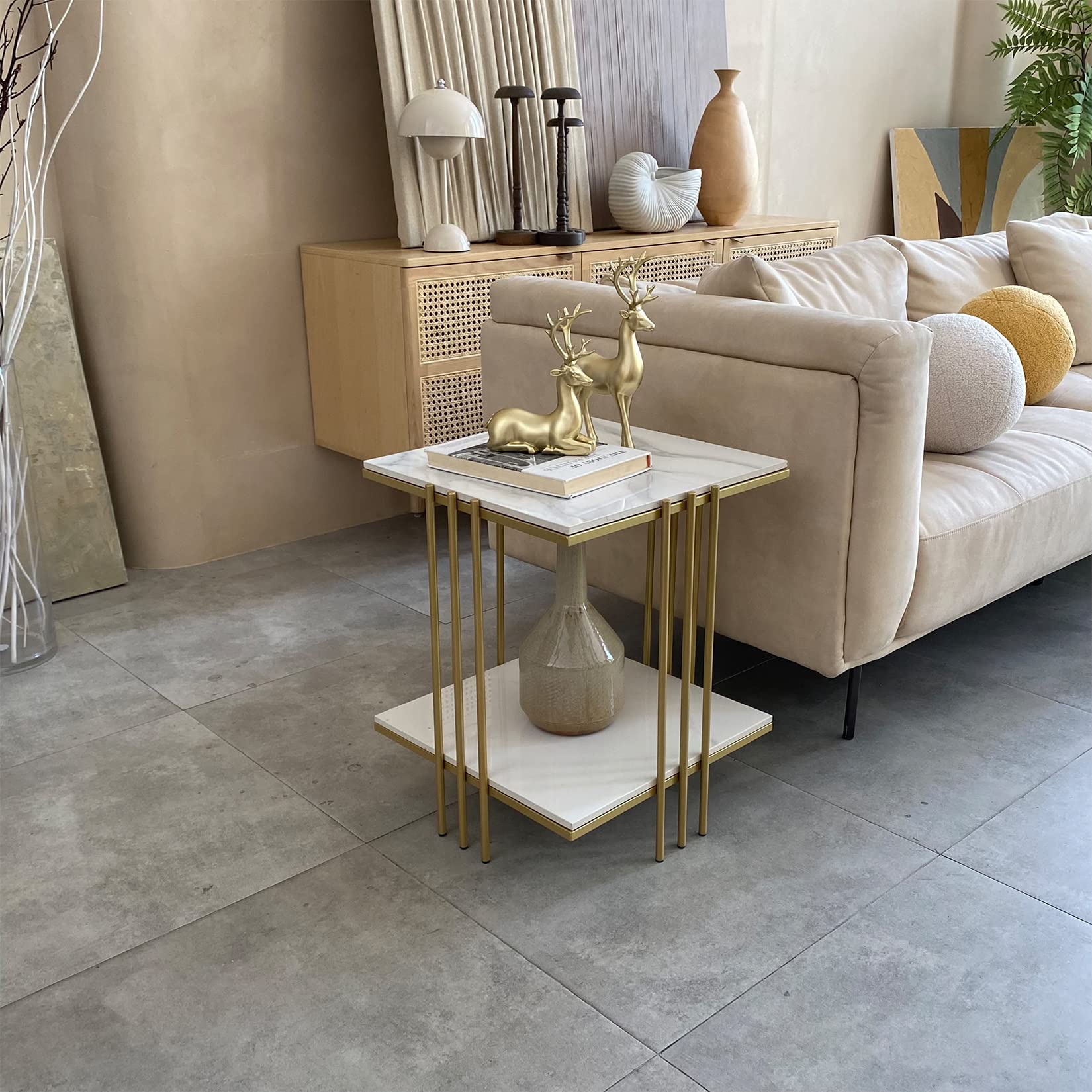 Wisfor Sintered Stone End Table - 2 Tier Square White Sofa Side Table with Golden Frame - Modern Small Coffee Table & Bedside Nightstand for Living Room, Bedroom - Perfect for Coffee, Books & Decor Display