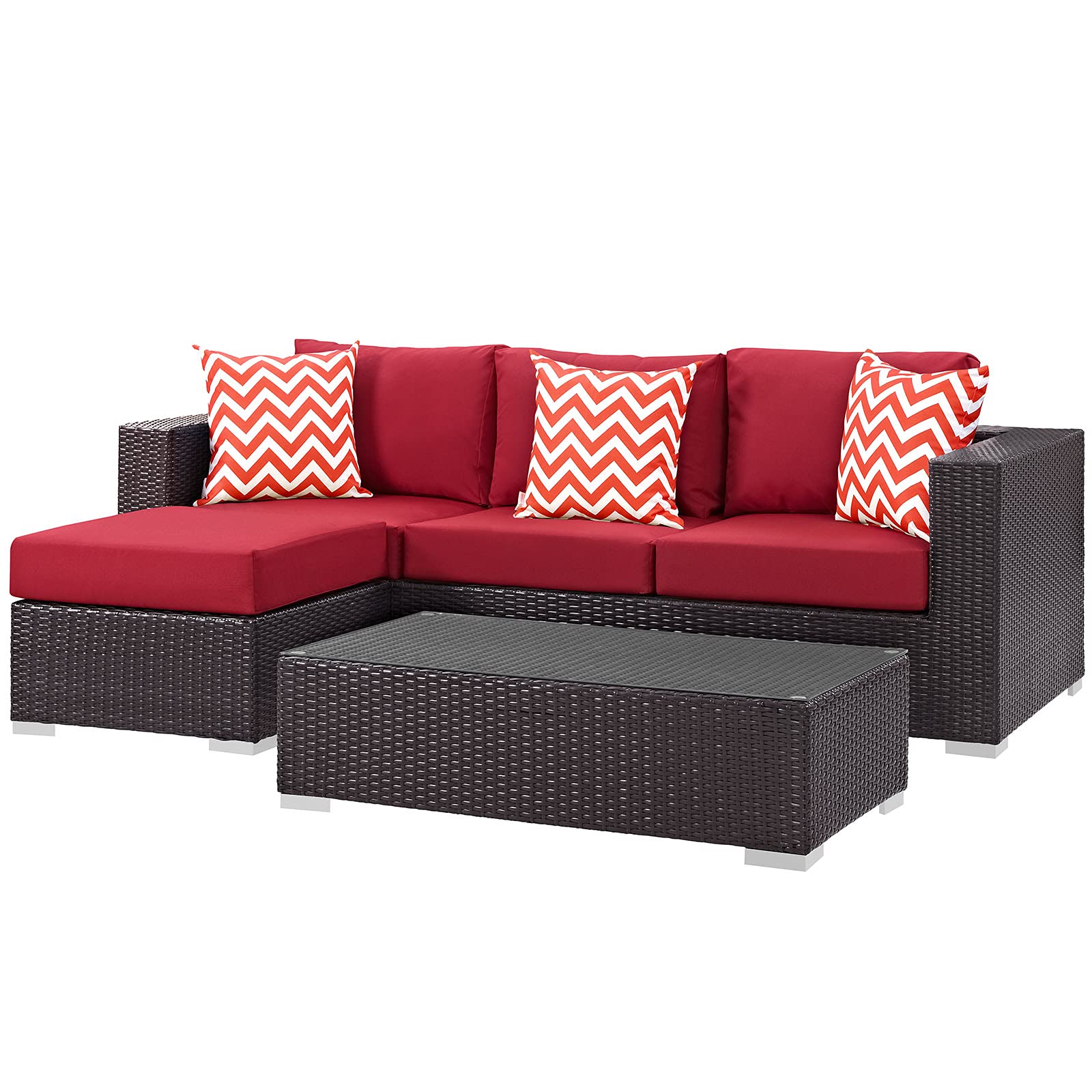 Modern Brown Red Rattan Wicker Lounge Sectional Sofa and Table Set for Outdoor Patio, Cafe, Bistro, and Garden Relaxation